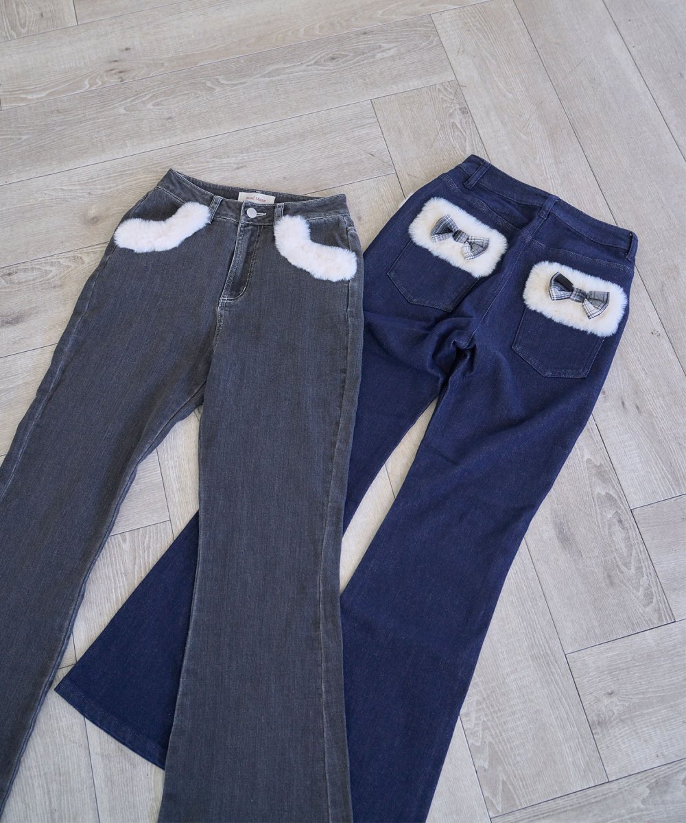Fur trimmed denim pants