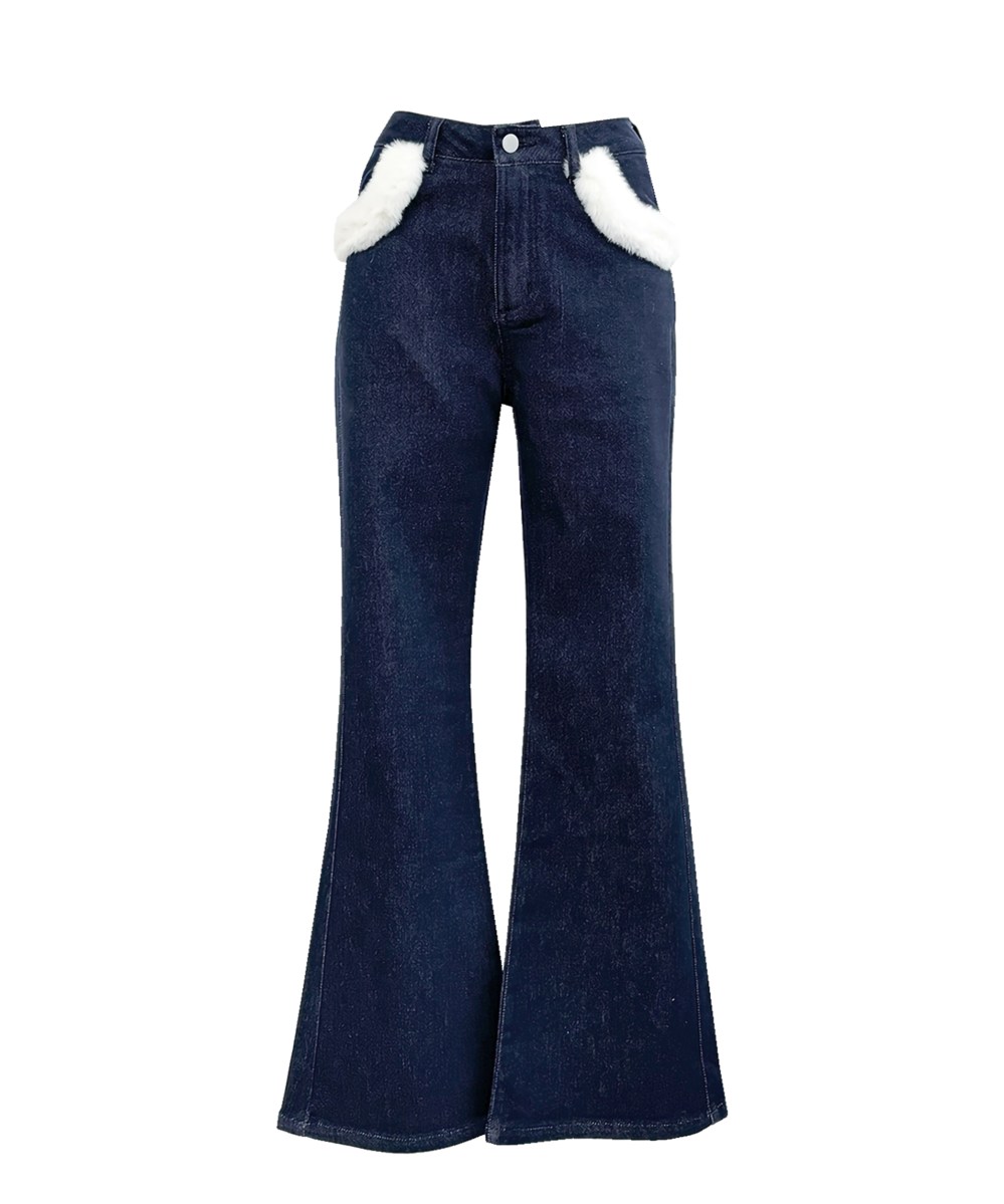 Fur trimmed denim pants