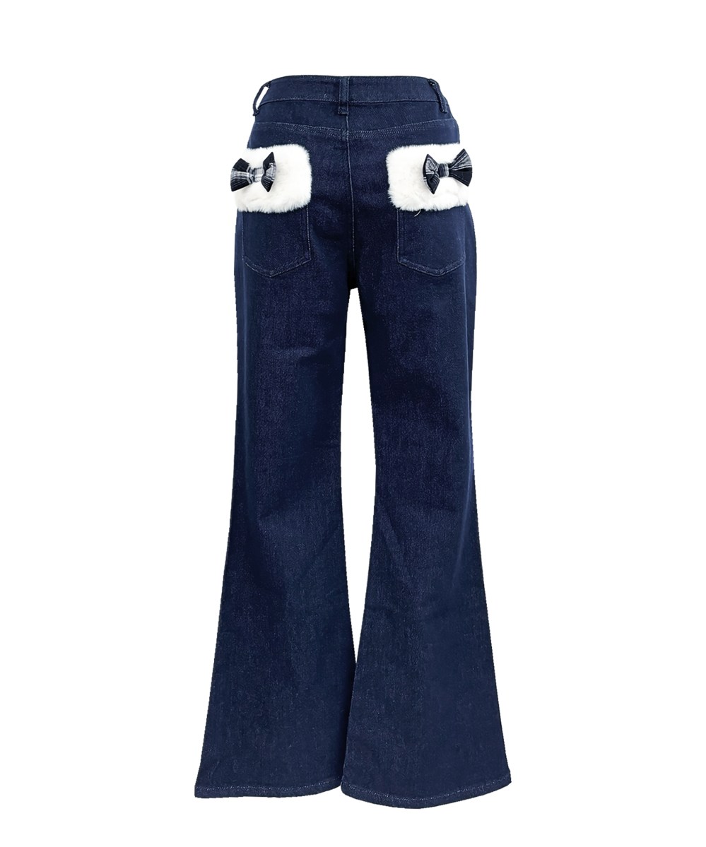 Fur trimmed denim pants