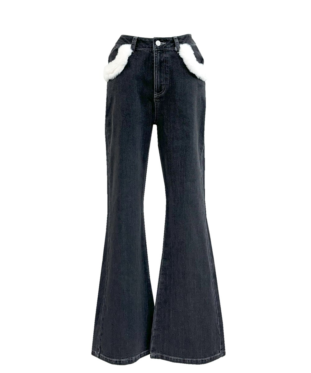 Fur trimmed denim pants