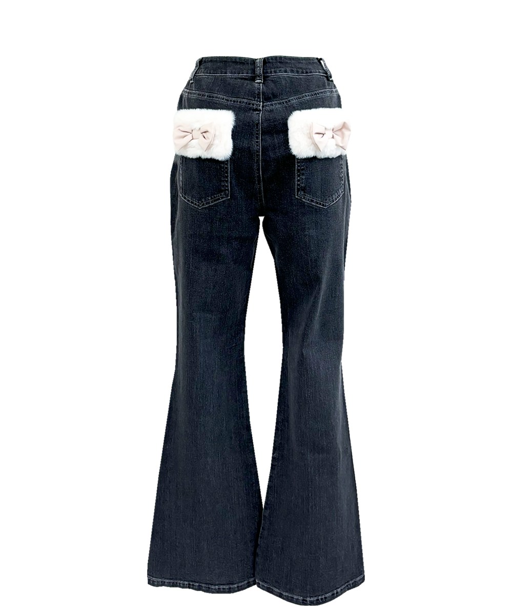 Fur trimmed denim pants