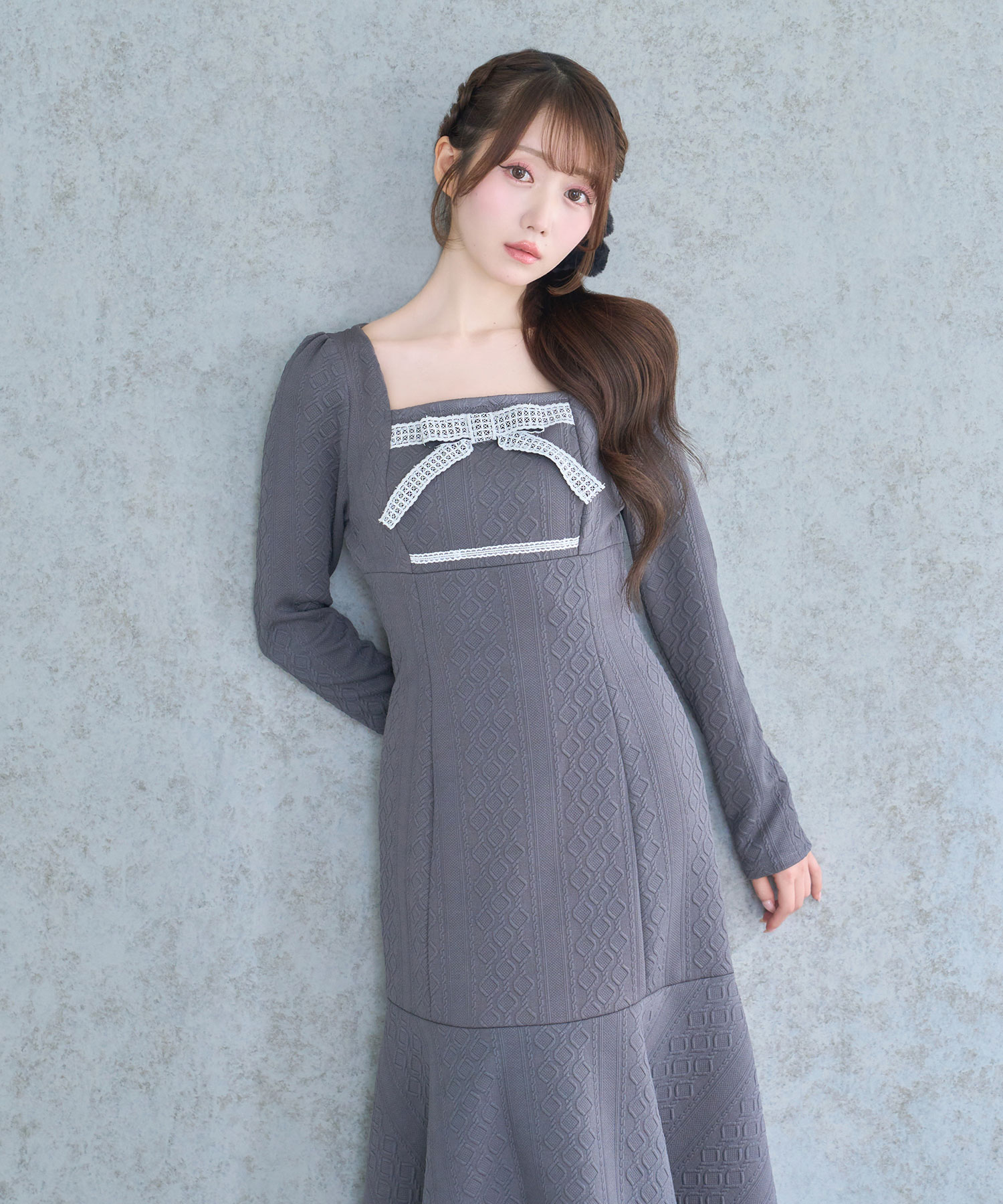 Lace ribbon knit sew one piece