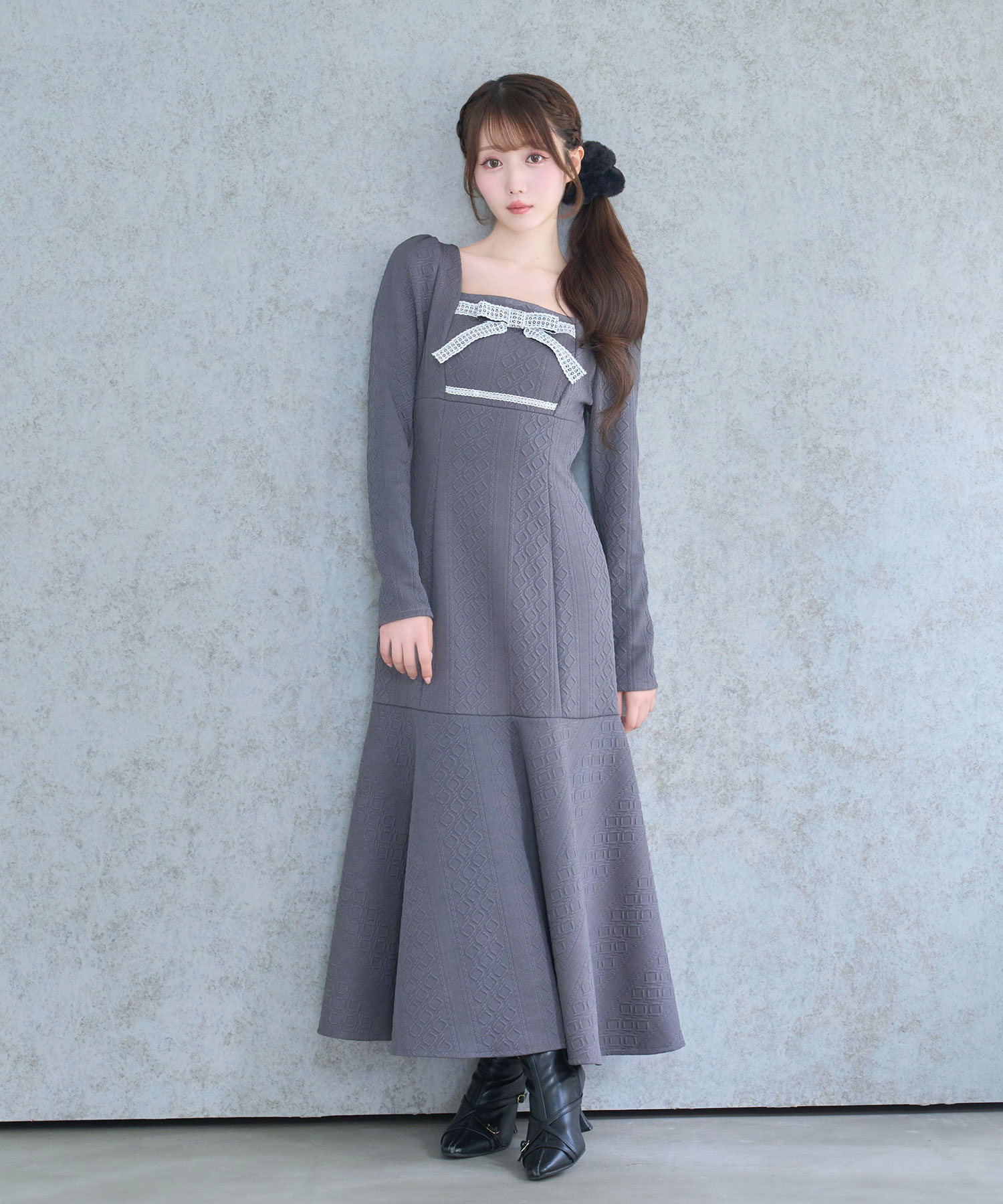 Lace ribbon knit sew one piece