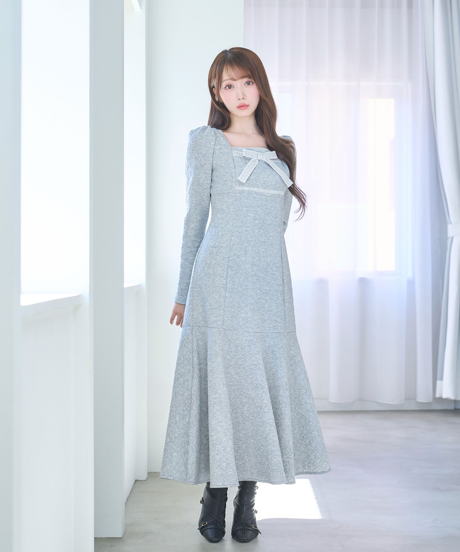 Lace ribbon knit sew one piece