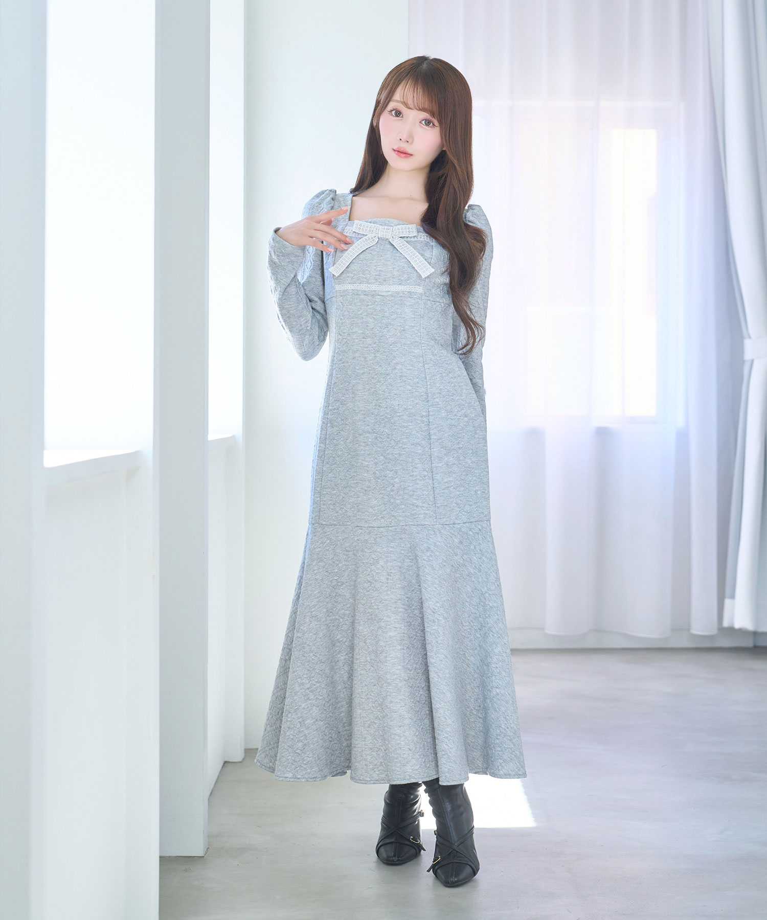 Lace ribbon knit sew one piece
