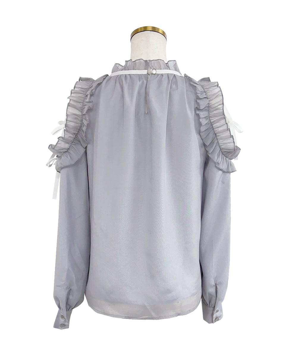 ベルシャルム Ribbon Tie Frill Blouse グレー Belle Charme(ベル 