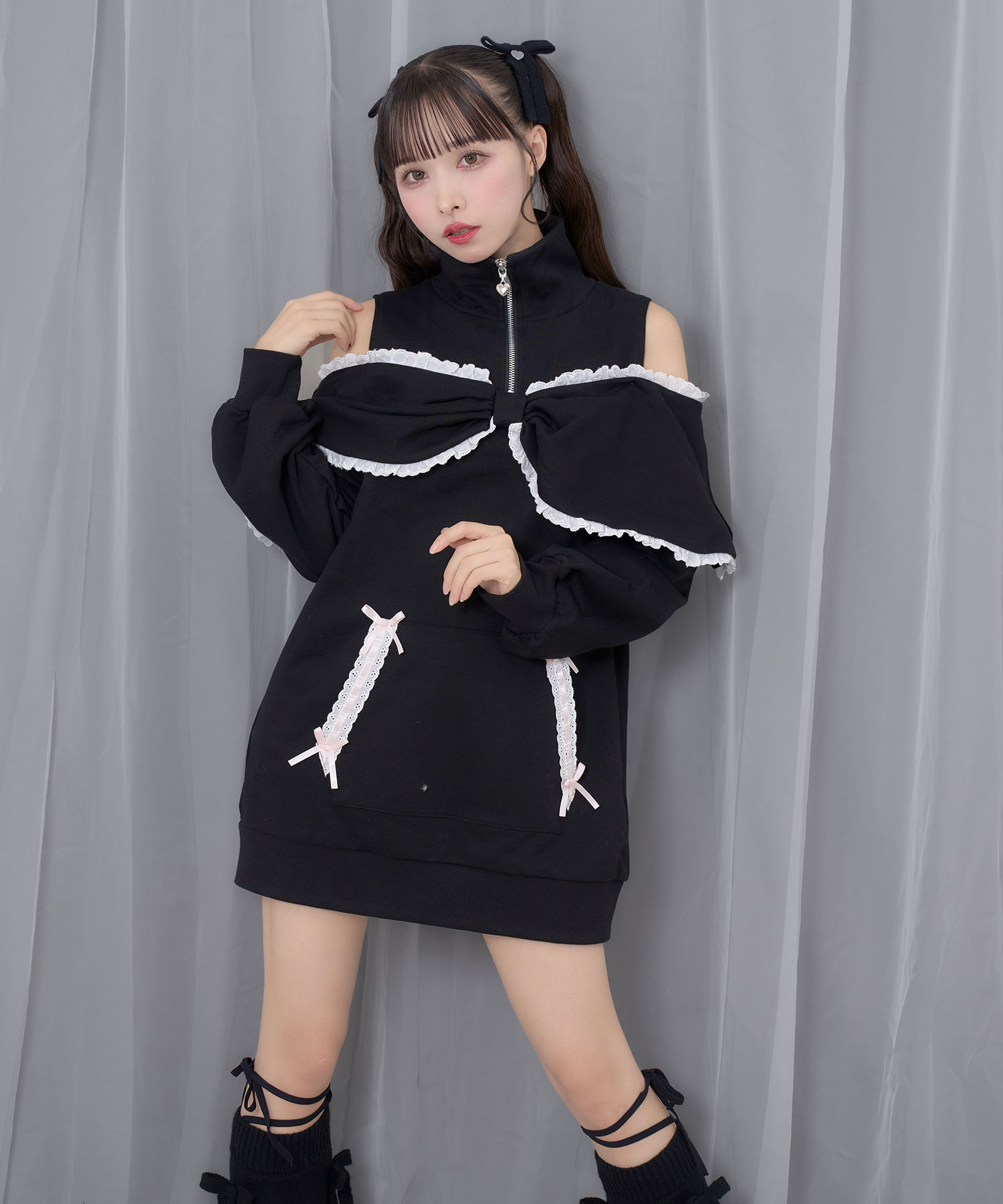 リボンライクハーフジップスウェットワンピース