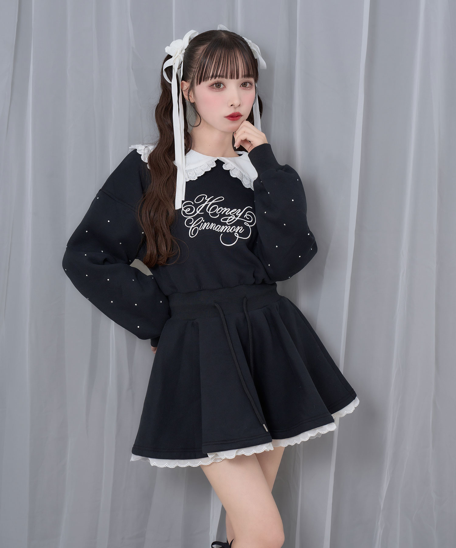 袖ビジュー裏起毛スウェットワンピース