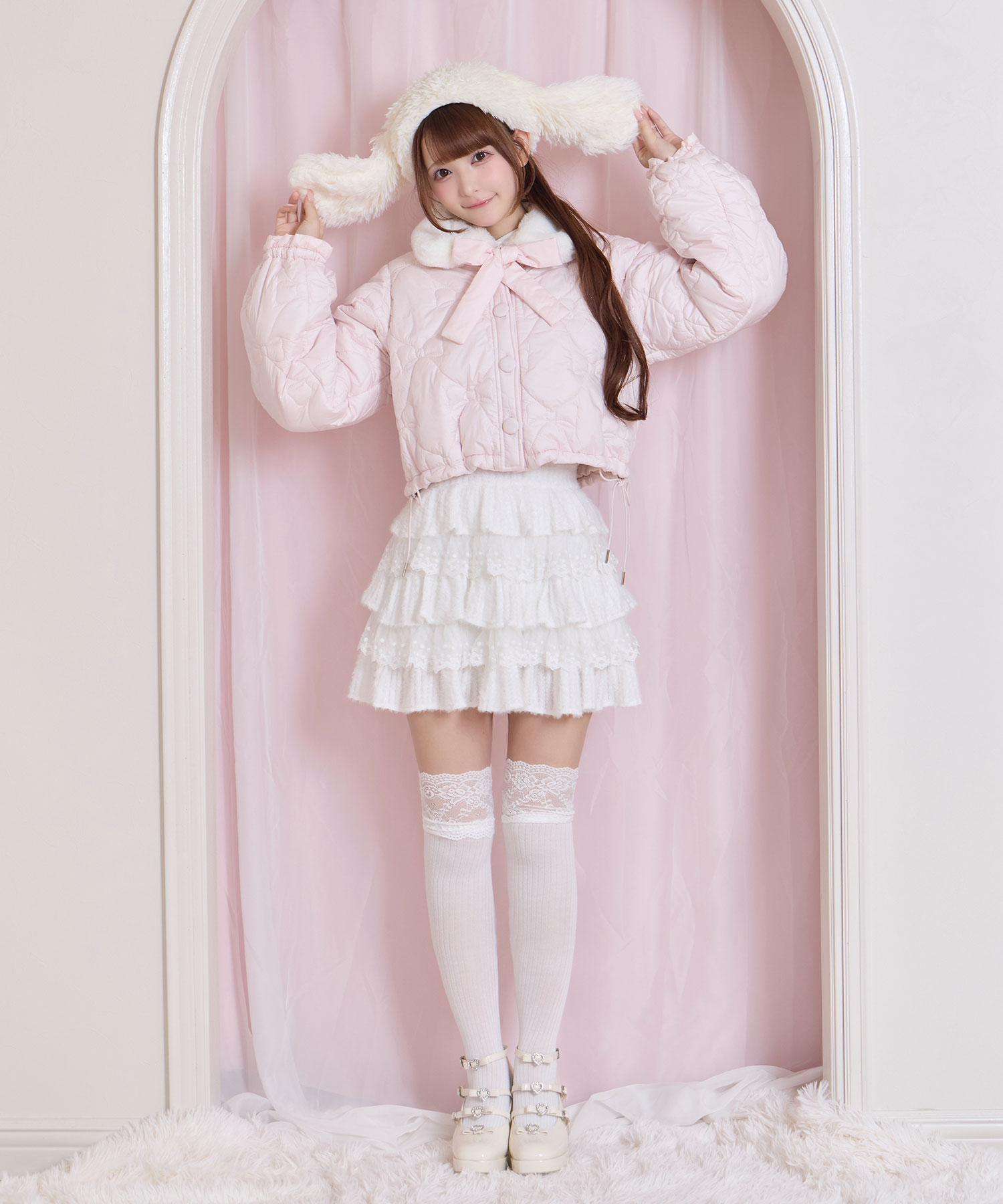 リボンキルティングショート中綿ジャケット