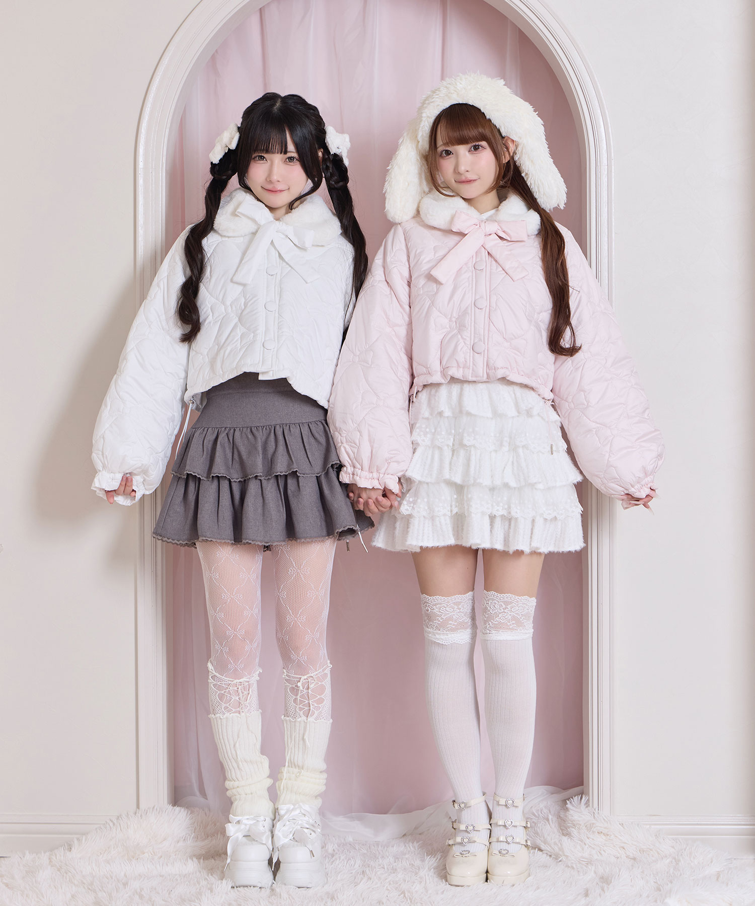 リボンキルティングショート中綿ジャケット