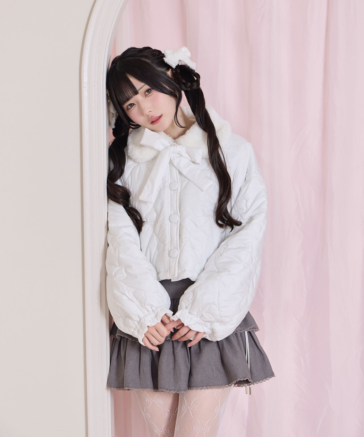 リボンキルティングショート中綿ジャケット