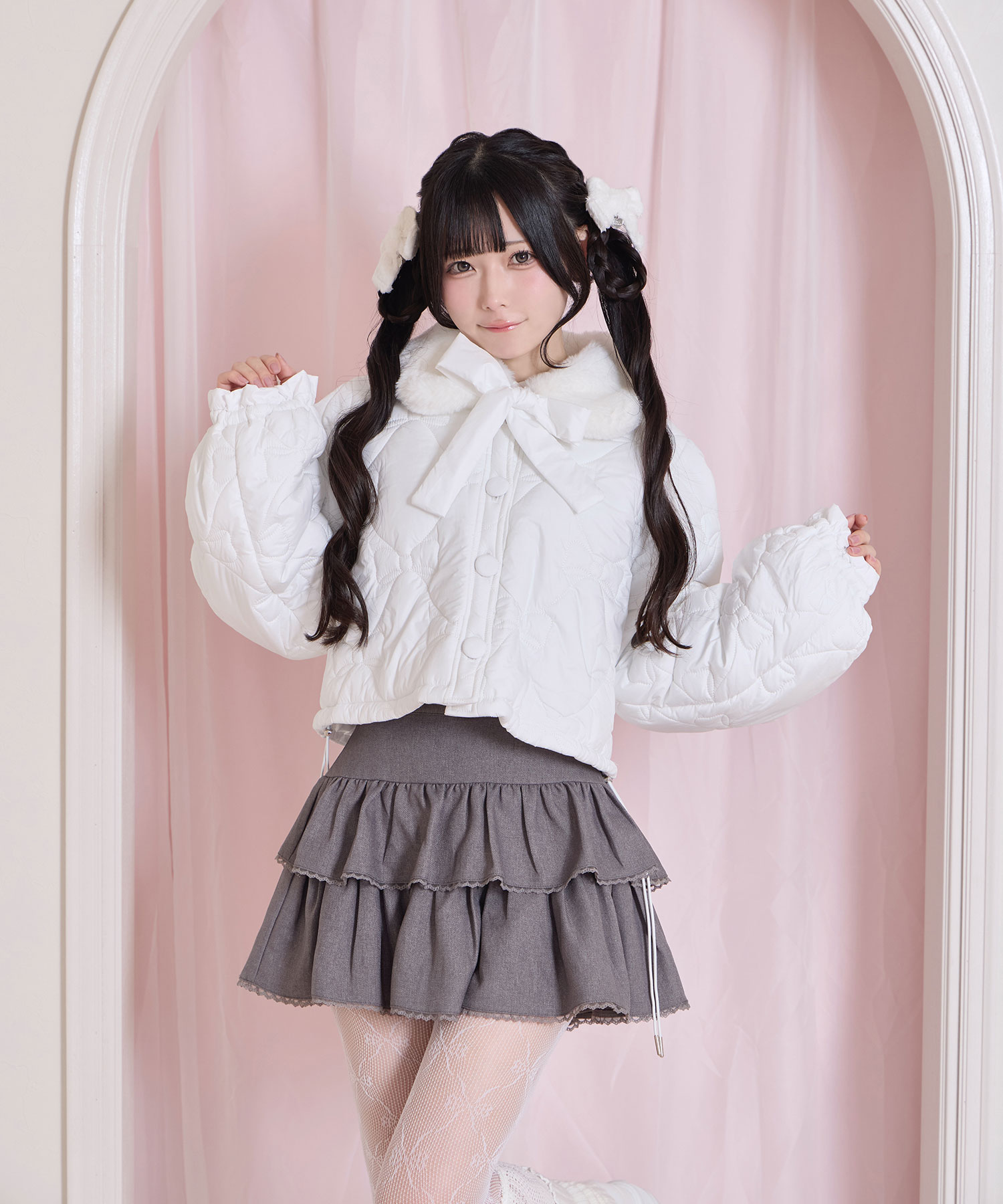 リボンキルティングショート中綿ジャケット