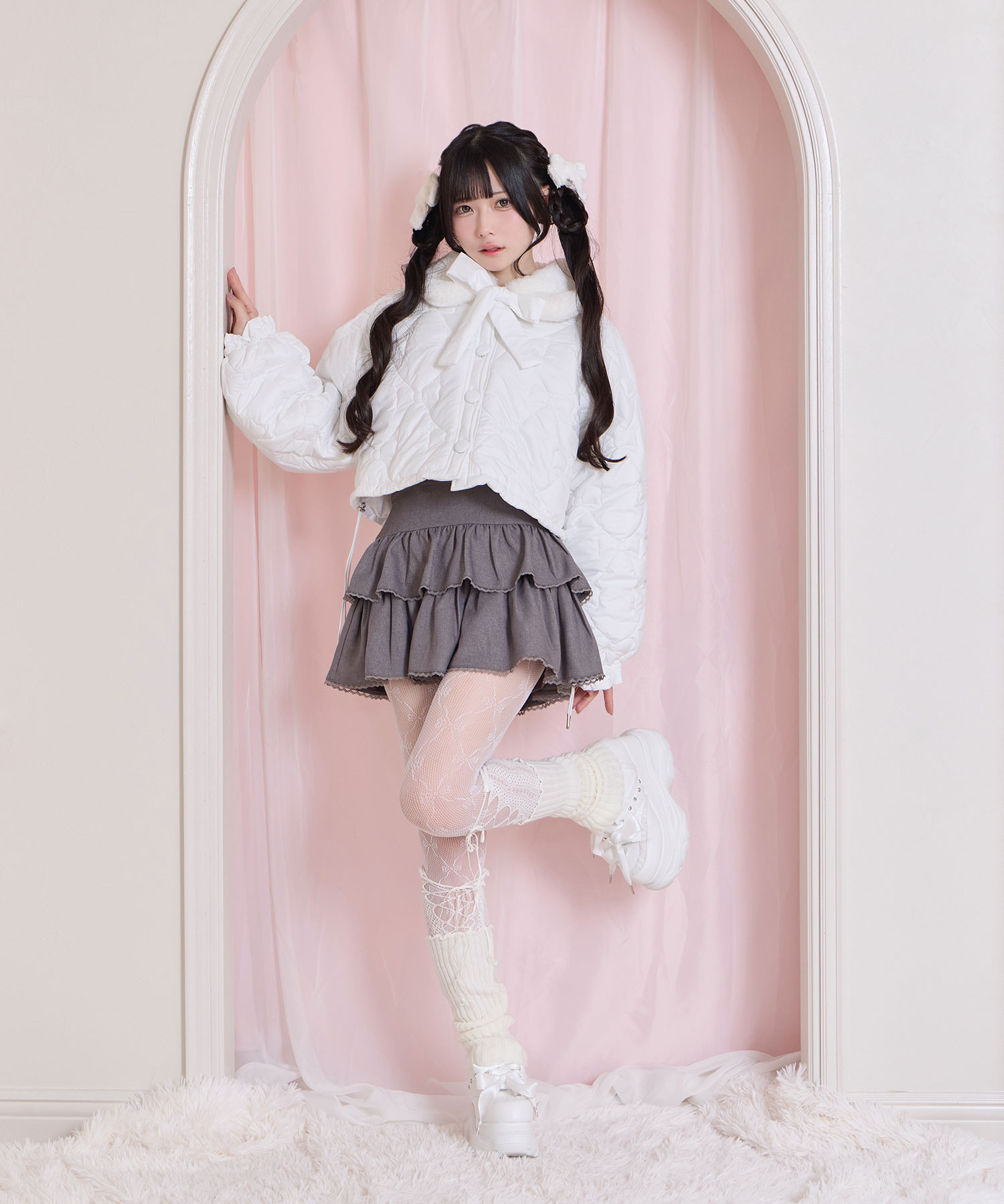 リボンキルティングショート中綿ジャケット