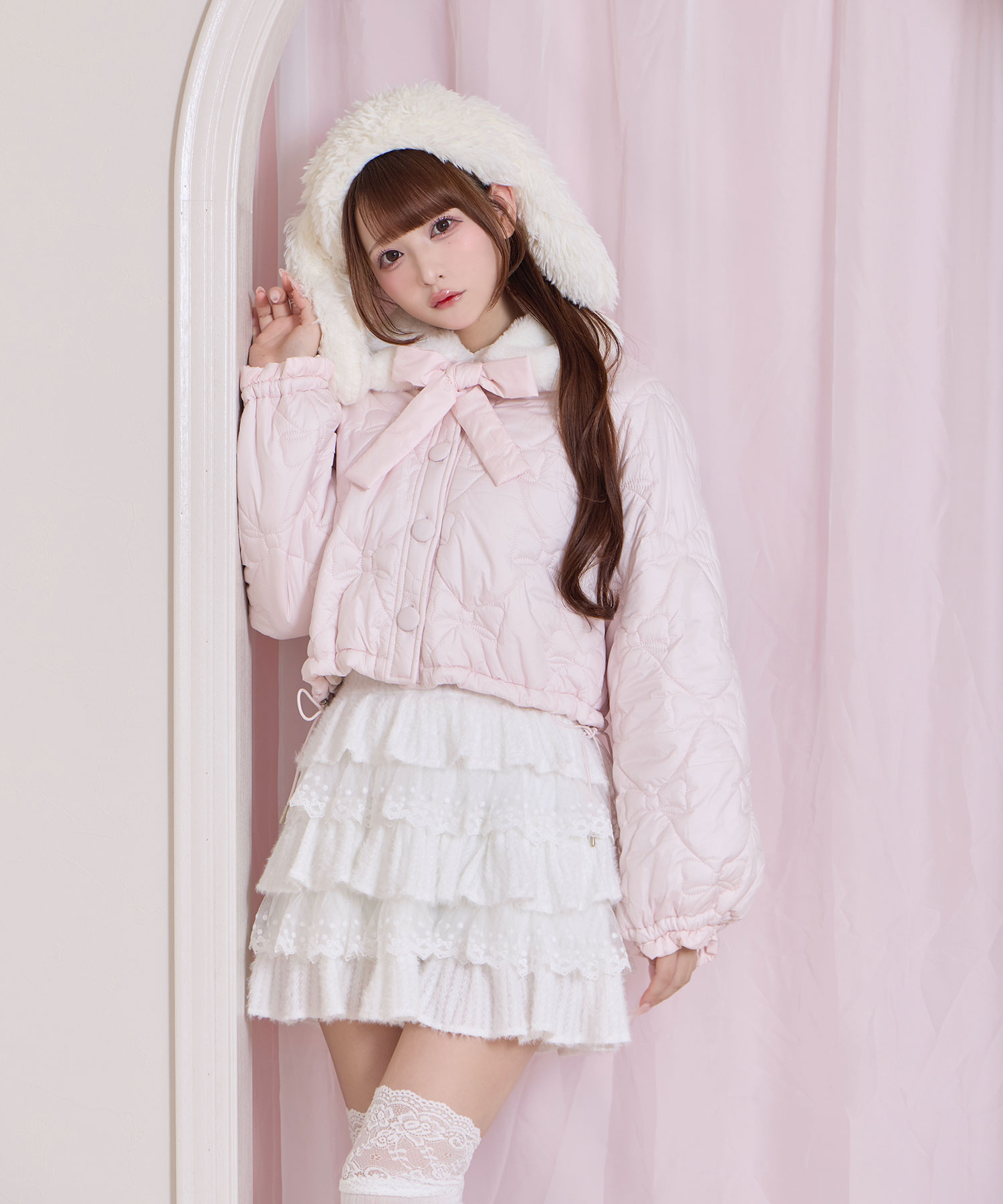 リボンキルティングショート中綿ジャケット