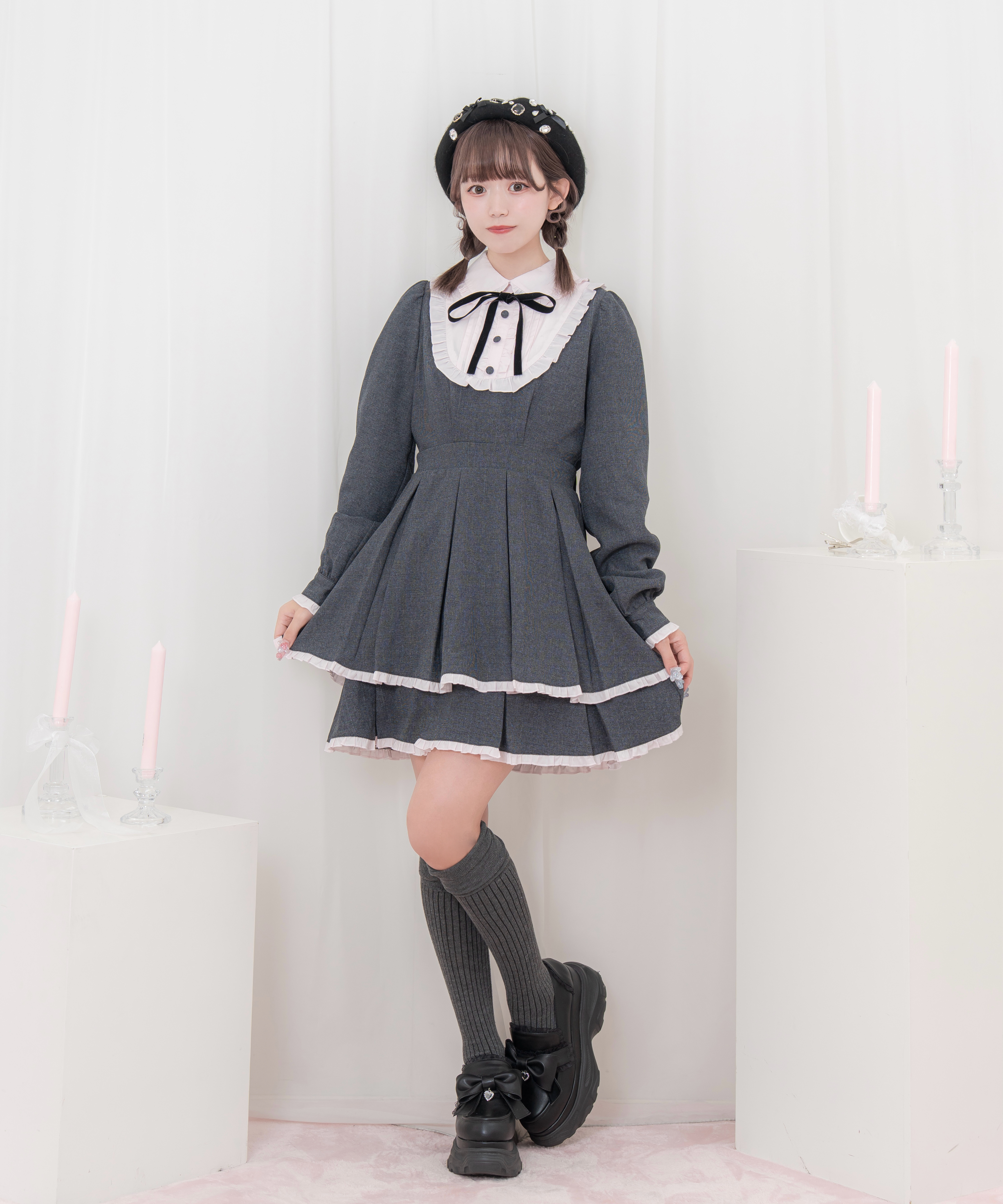 ベロアリボン配色ヨークワンピース