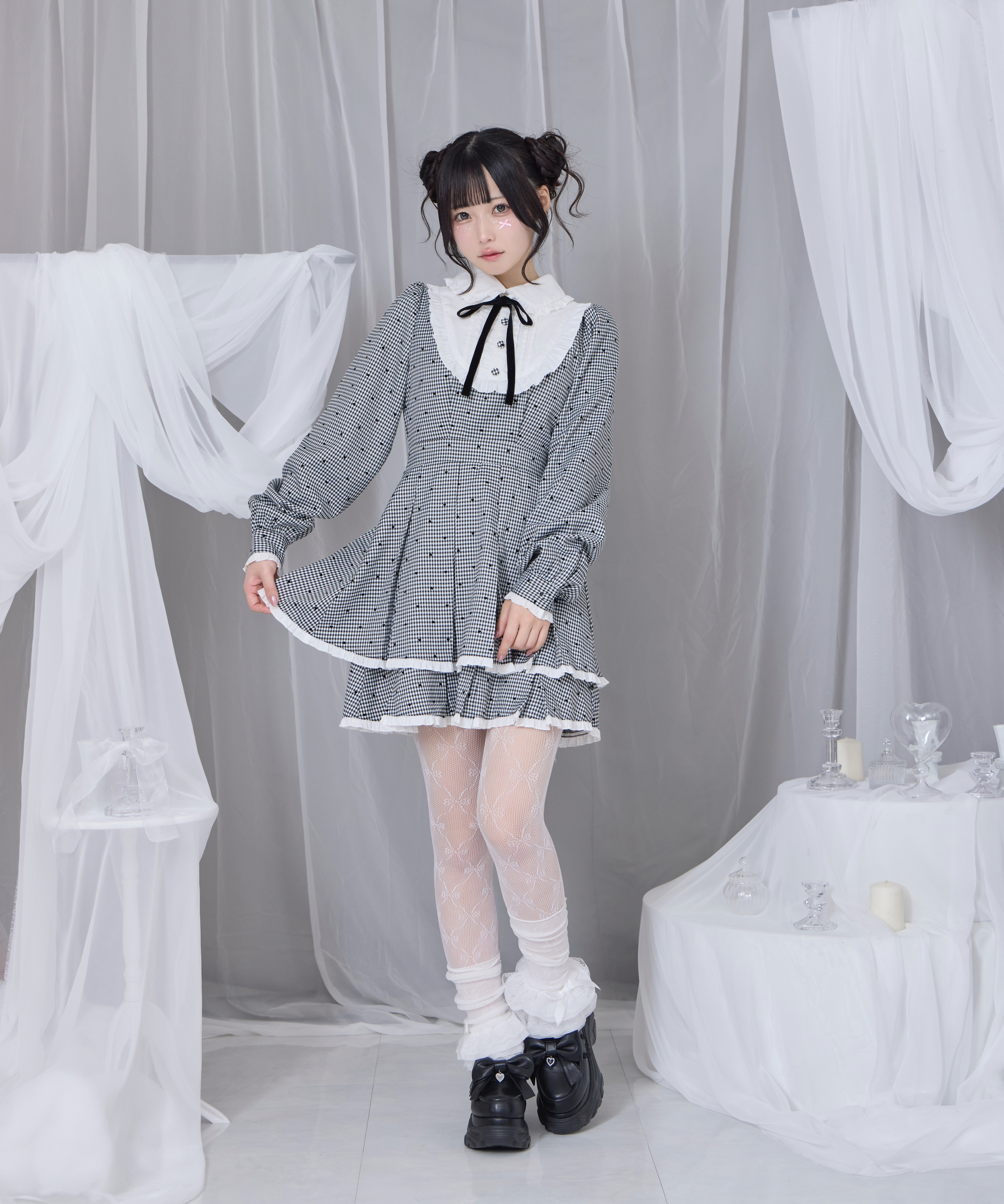 ベロアリボン配色ヨークワンピース