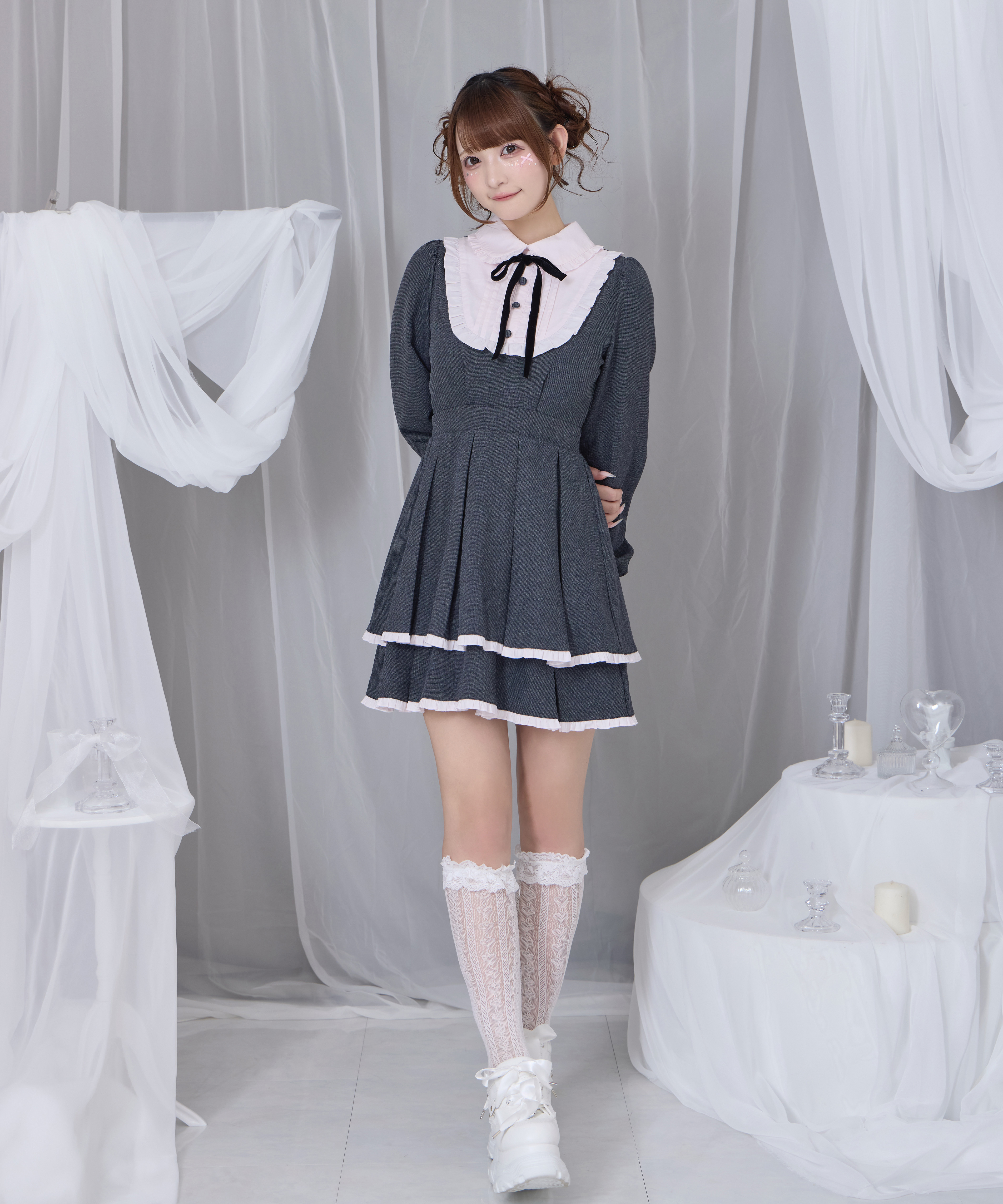 ベロアリボン配色ヨークワンピース