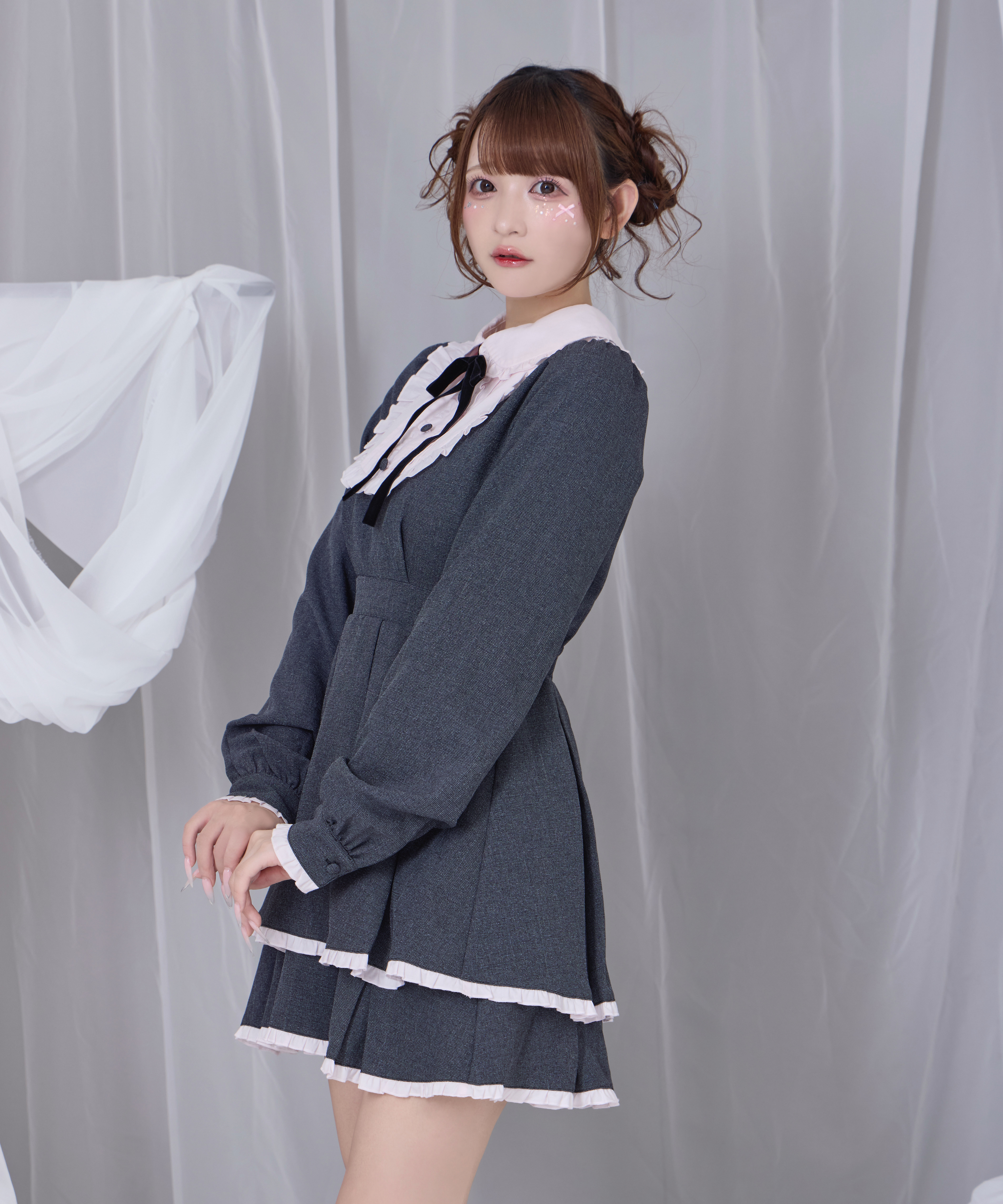 ベロアリボン配色ヨークワンピース