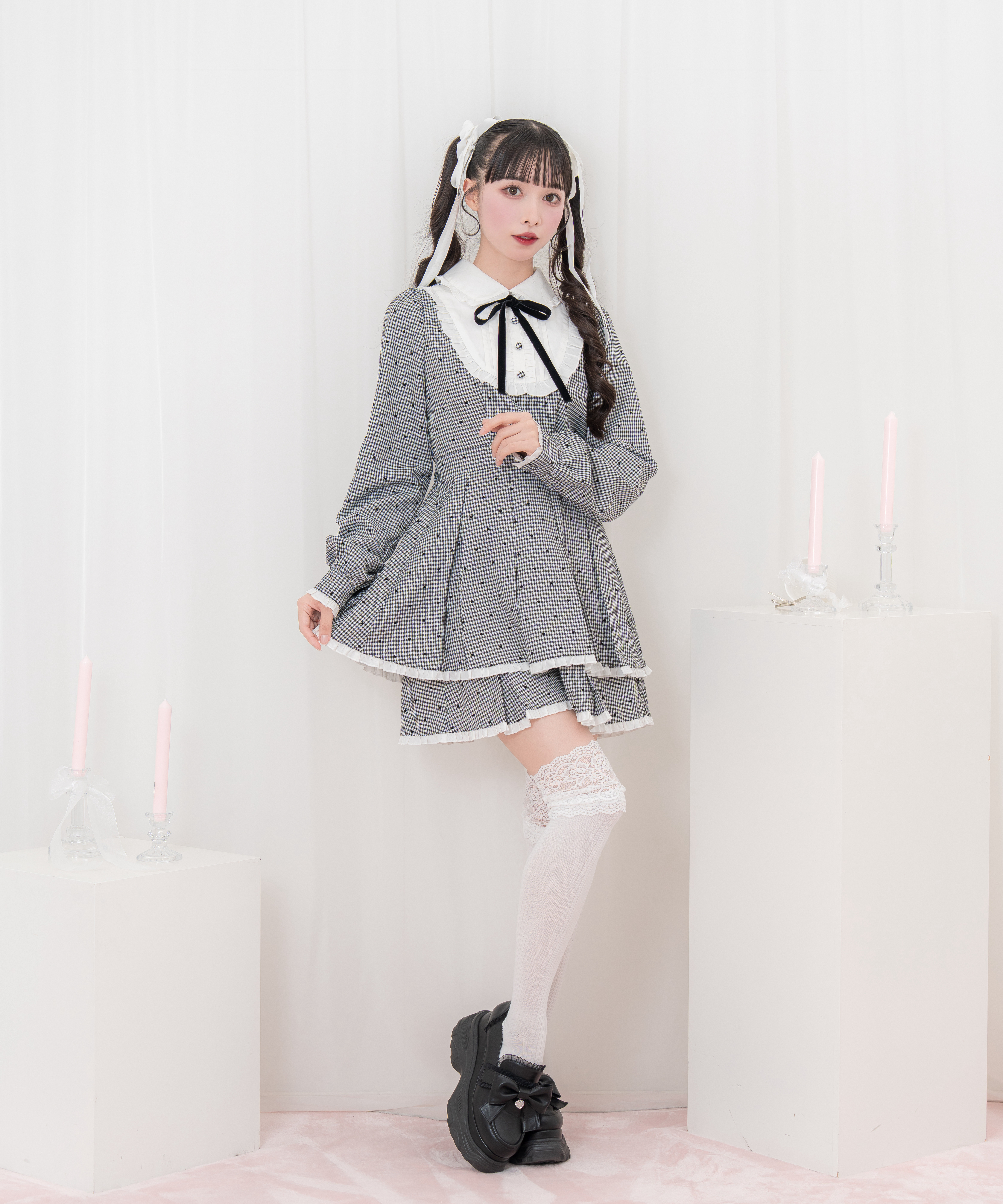 ベロアリボン配色ヨークワンピース