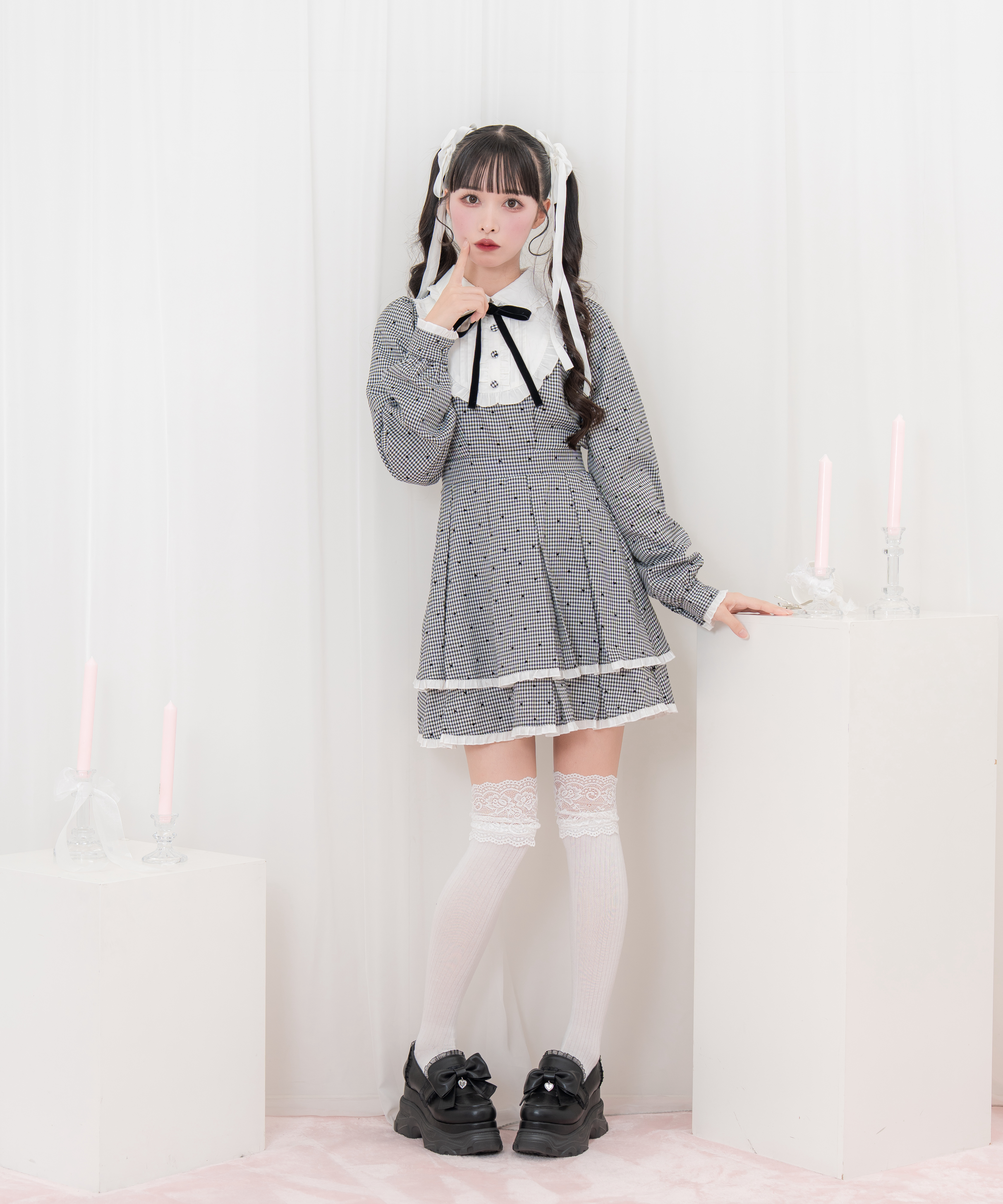 ベロアリボン配色ヨークワンピース