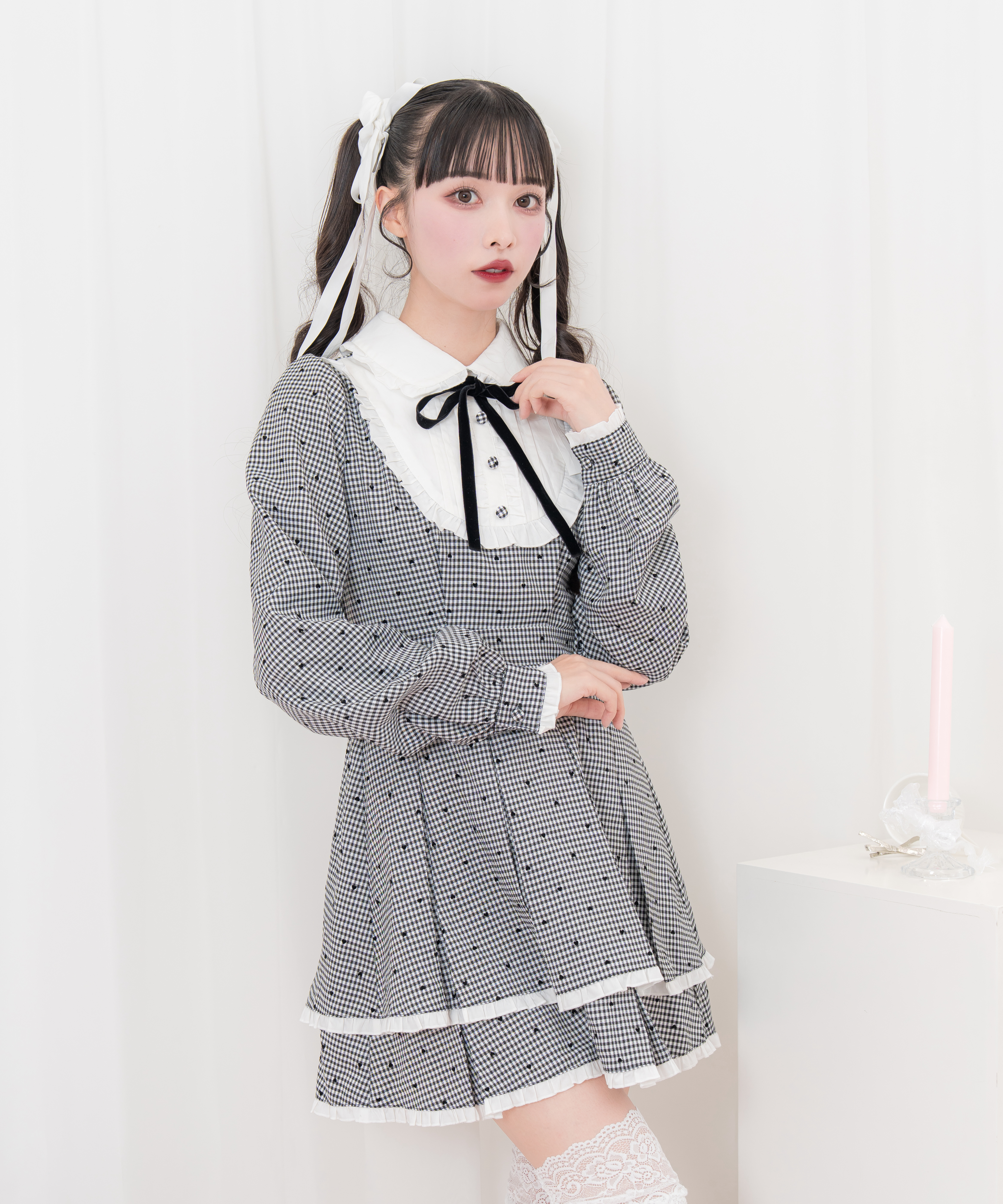 ベロアリボン配色ヨークワンピース