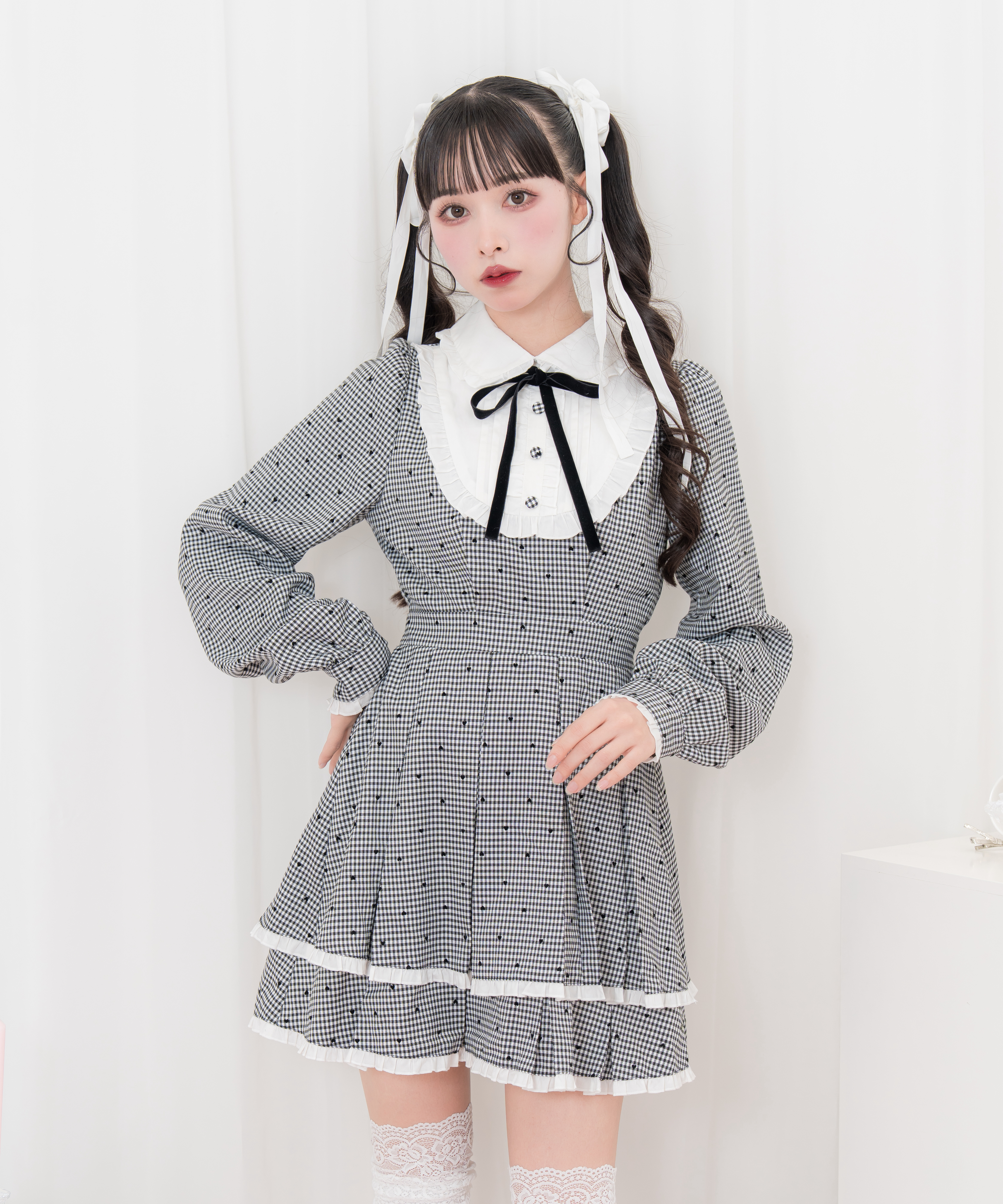 ベロアリボン配色ヨークワンピース