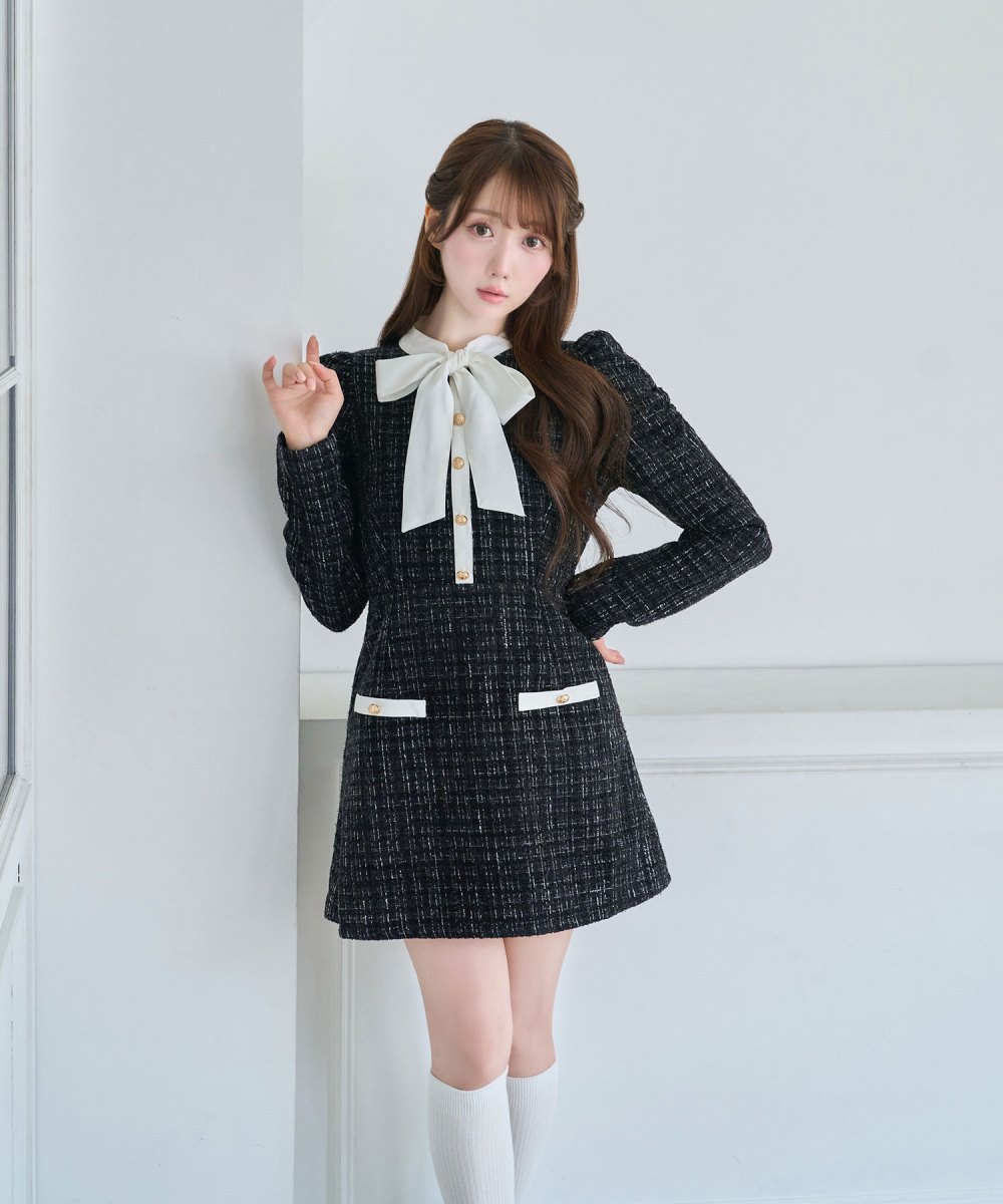 ribbon tie tweed mini onepiece