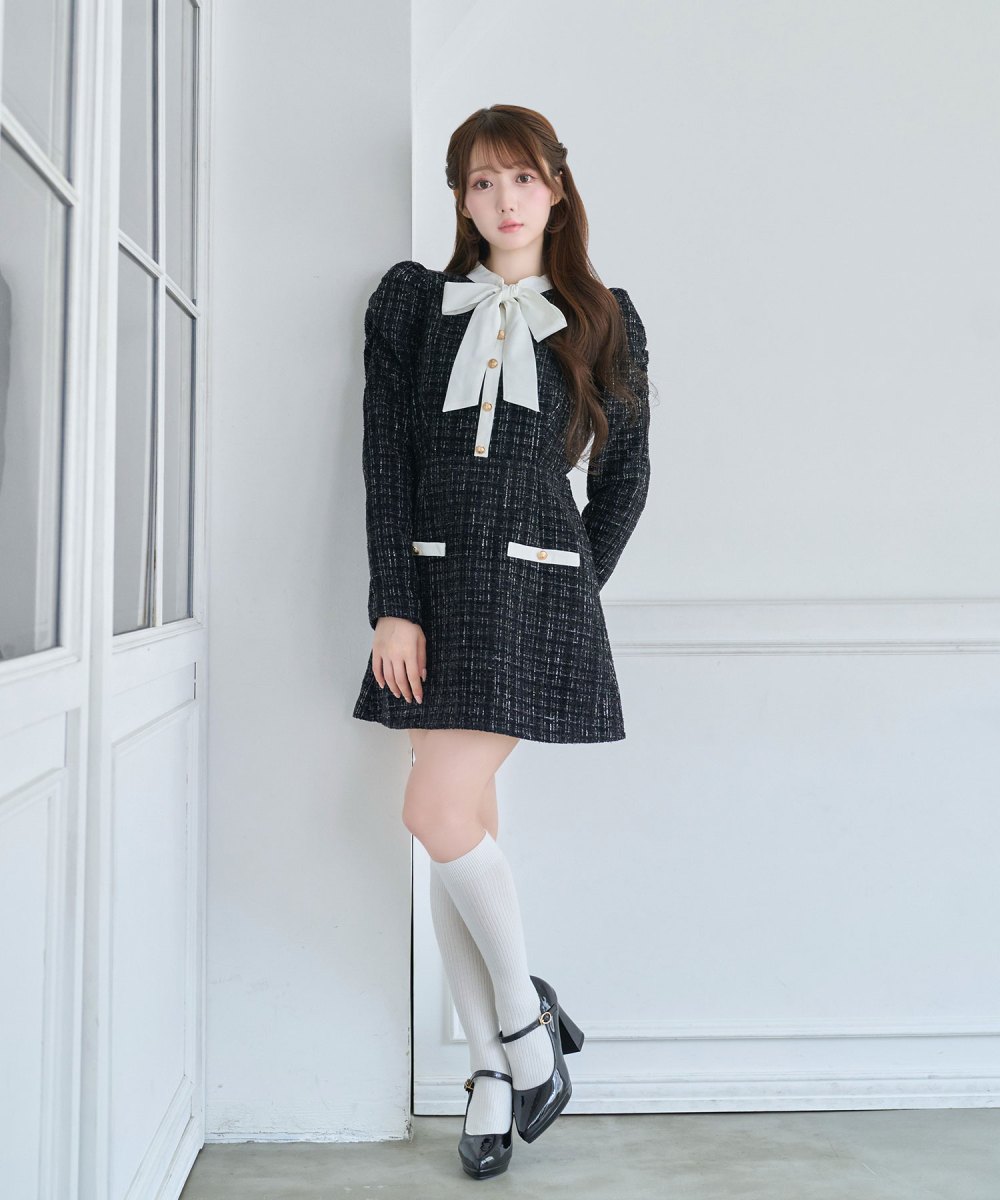 ribbon tie tweed mini onepiece