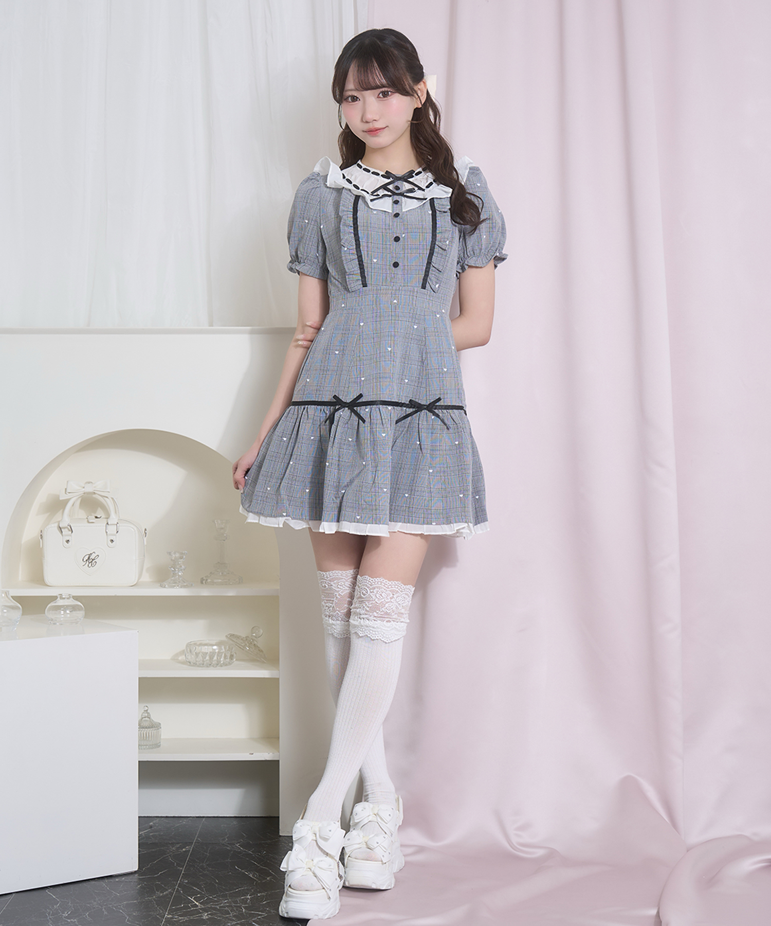 ハートドット刺繍チェックワンピース