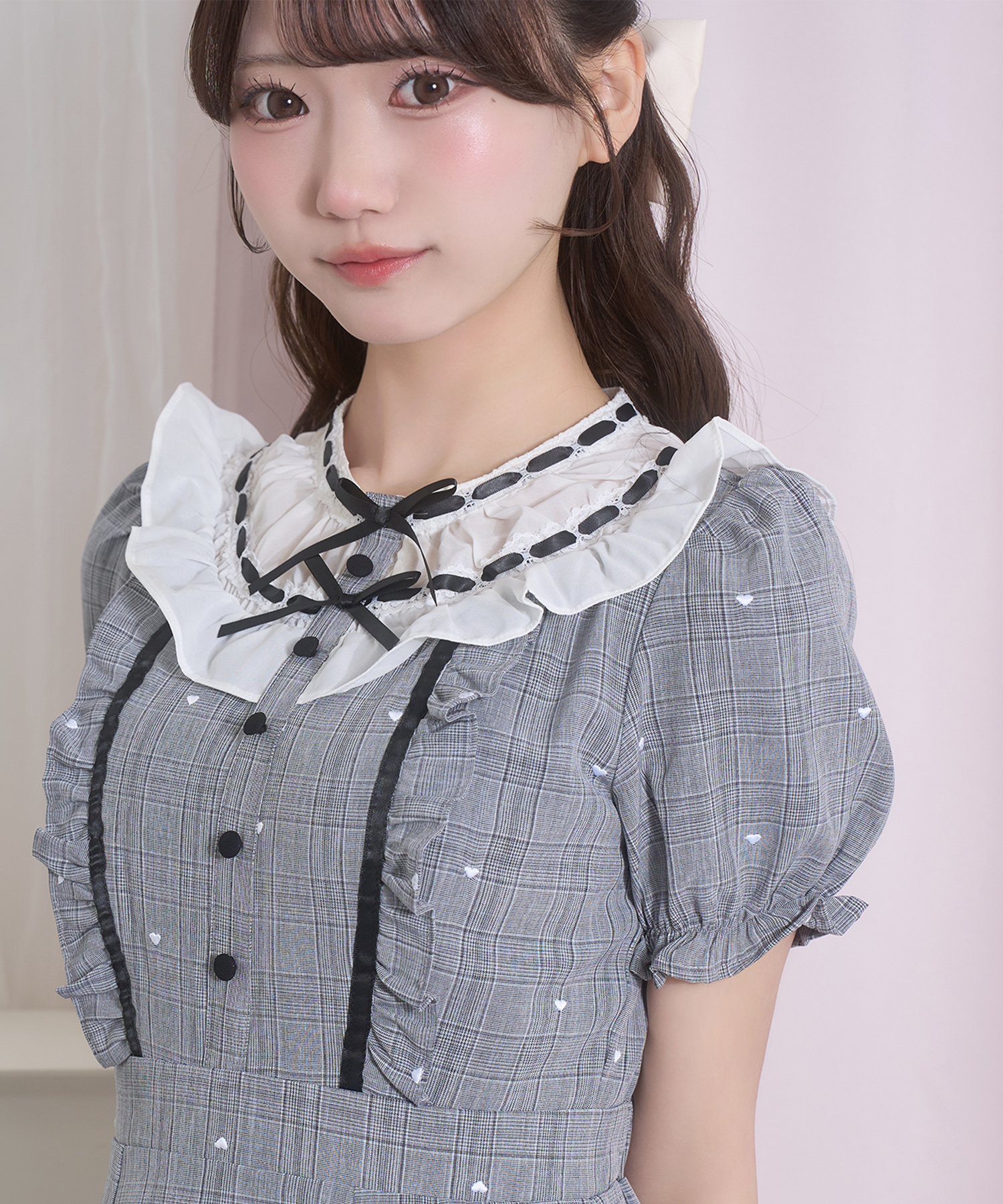 ハートドット刺繍チェックワンピース