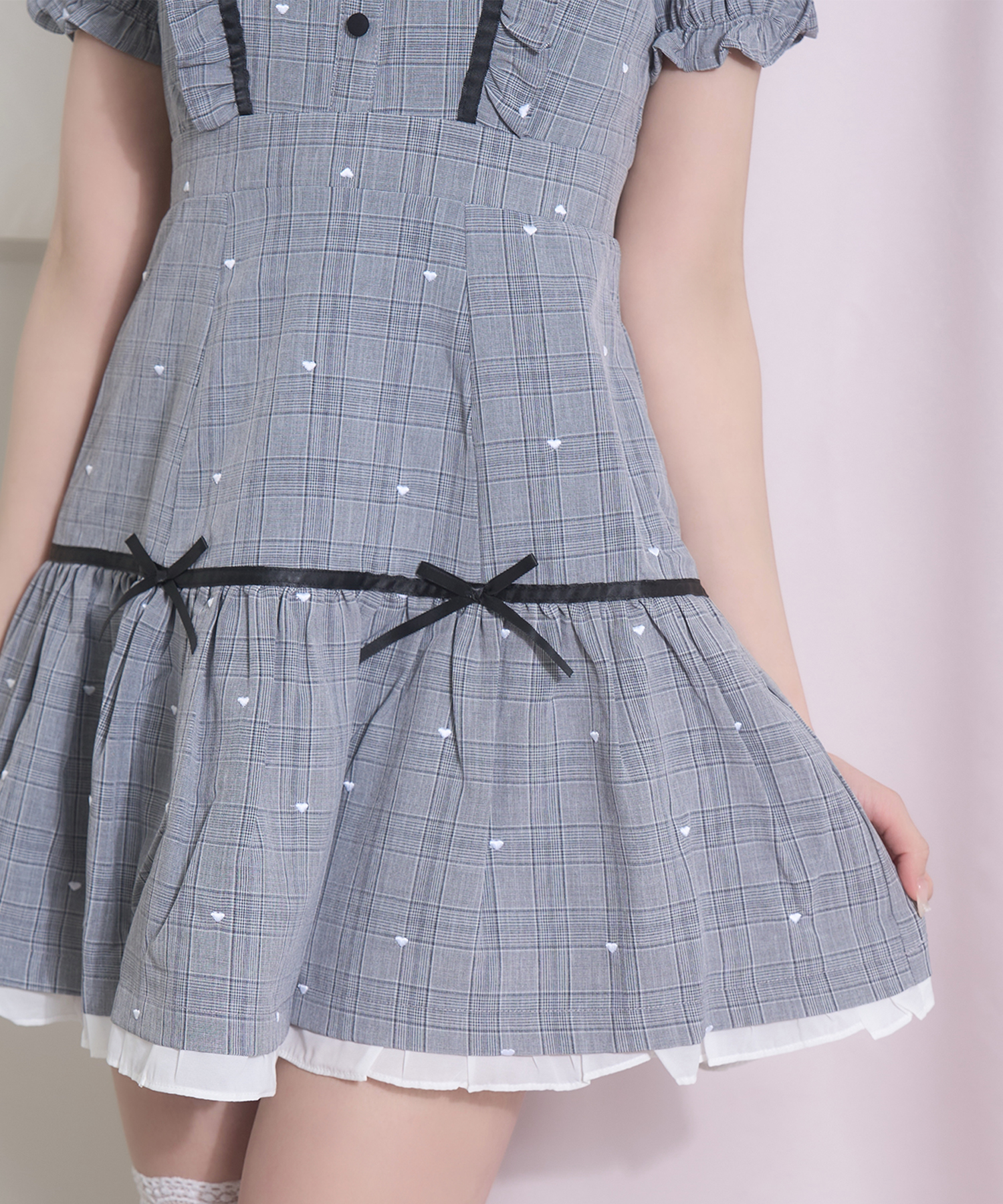 ハートドット刺繍チェックワンピース