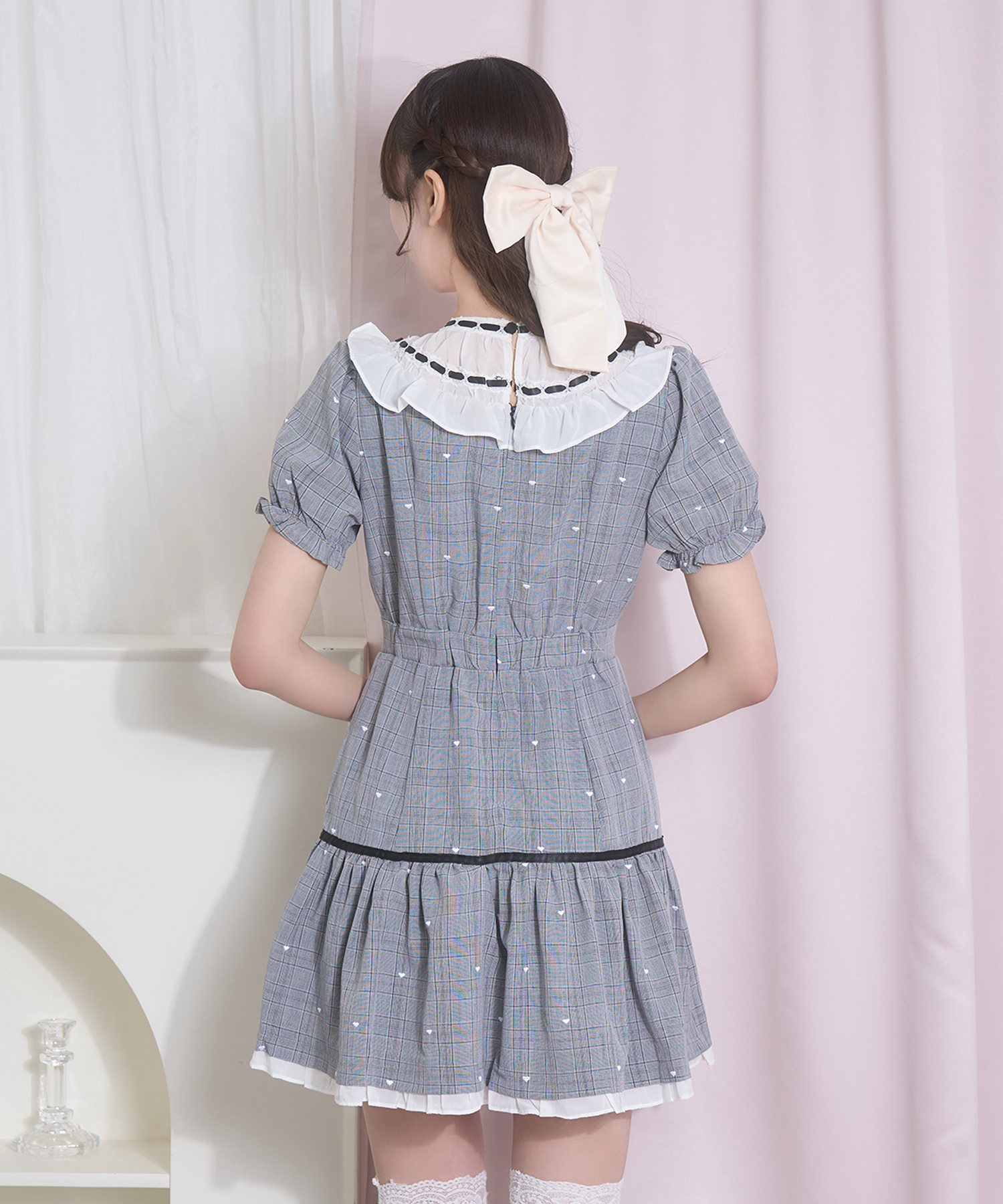 ハートドット刺繍チェックワンピース