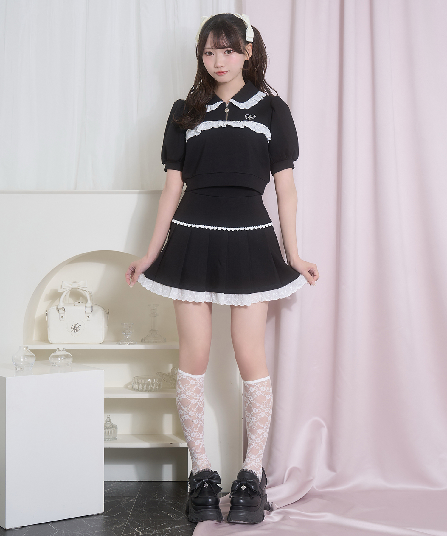 コットンレースハーフジップセット