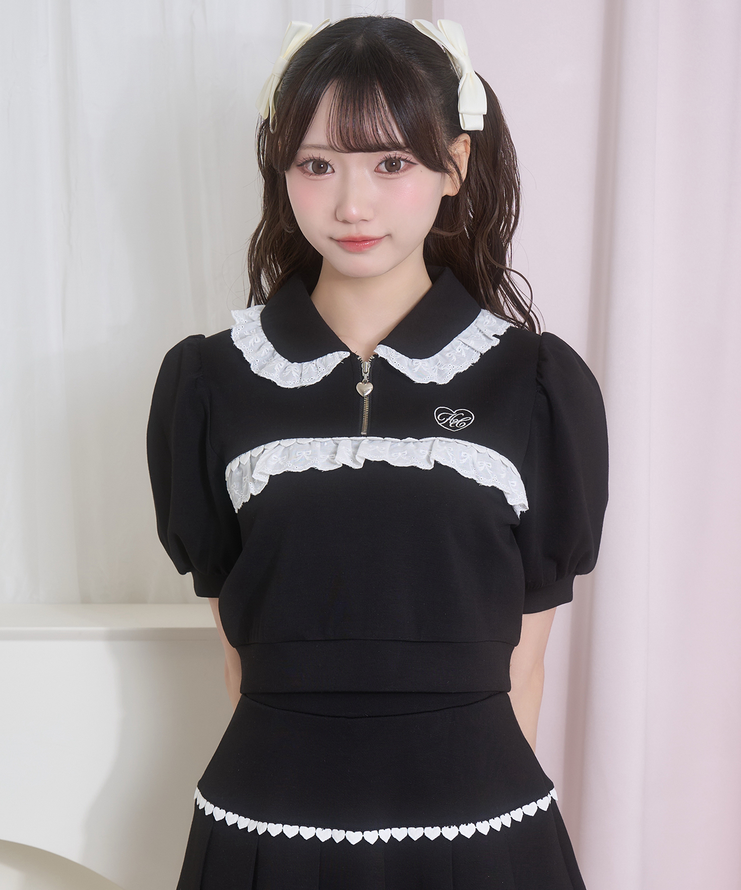コットンレースハーフジップセット