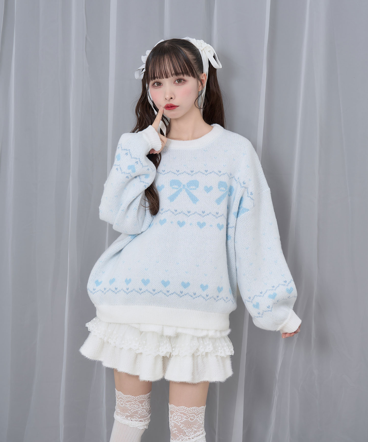 リボンジャガードオーバーニット