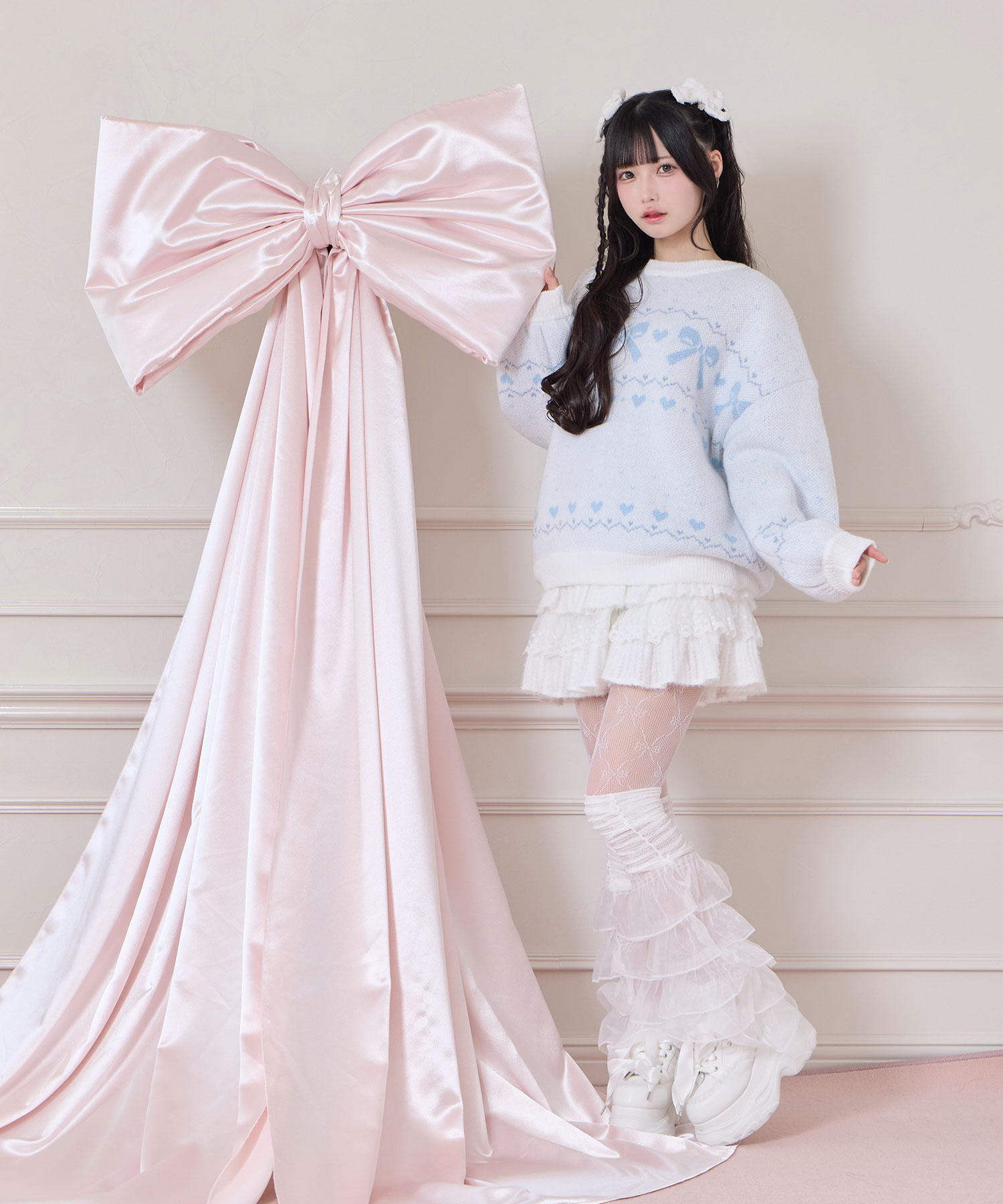 リボンジャガードオーバーニット