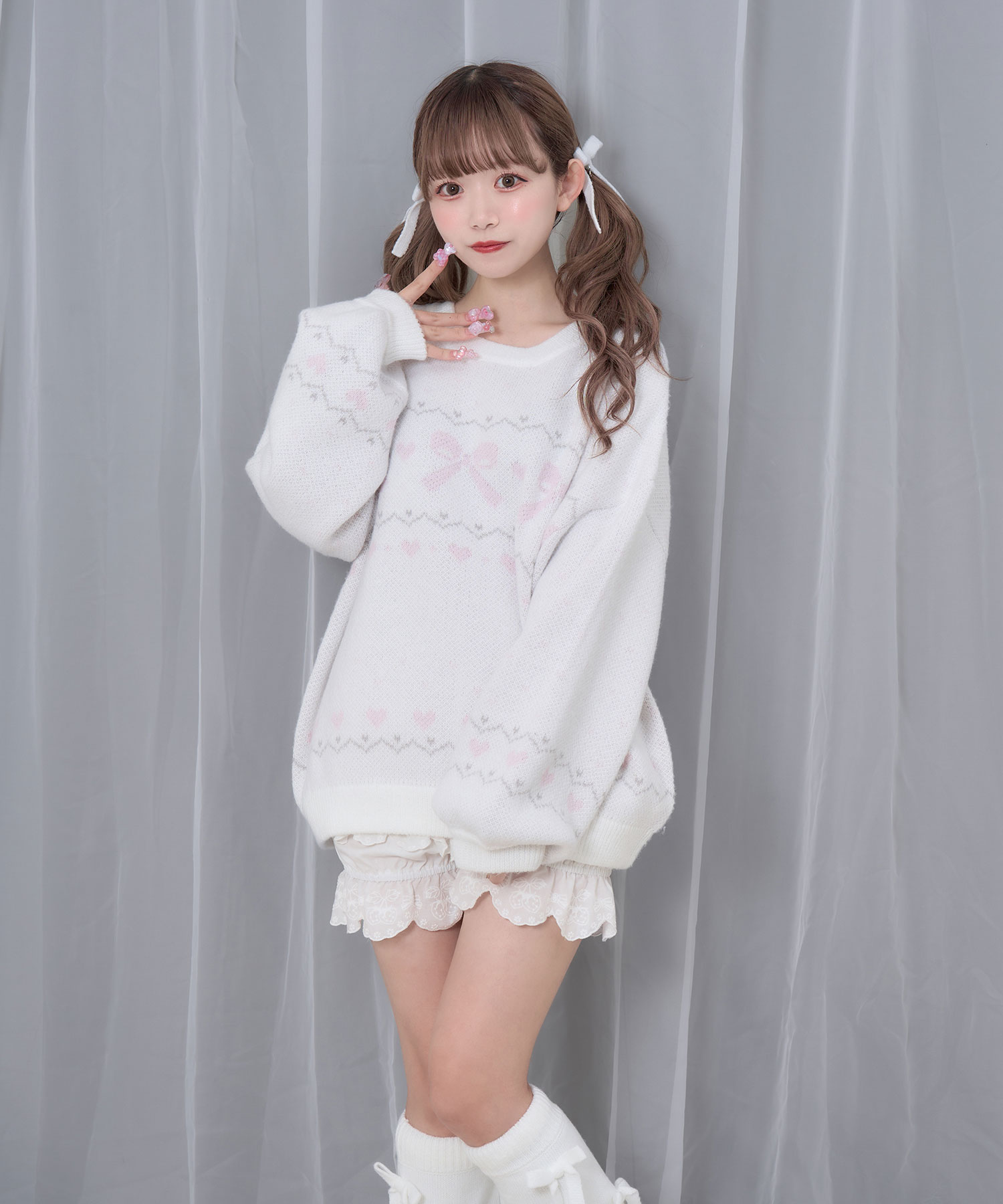 リボンジャガードオーバーニット