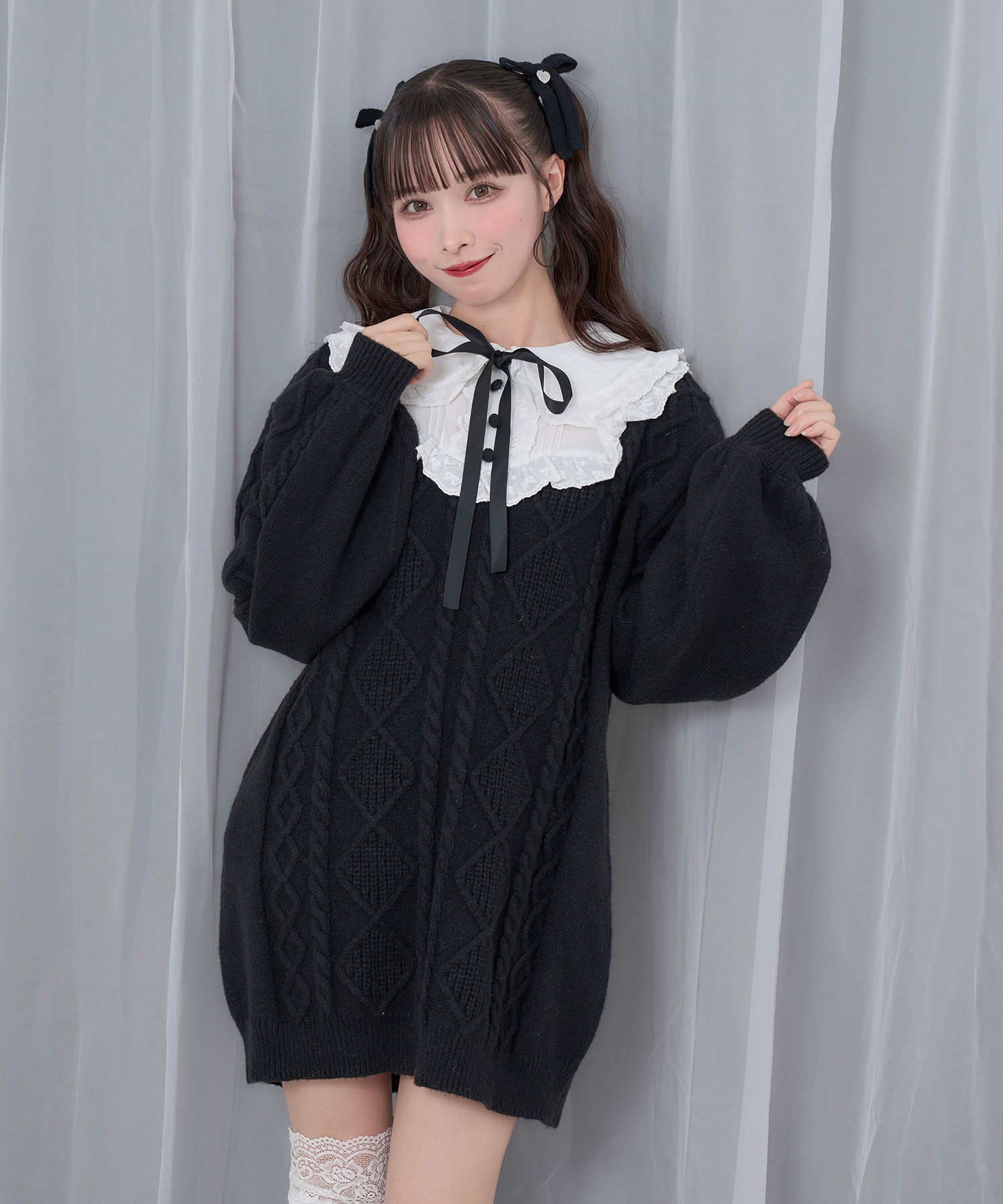 配色ヨークコットンレースニットワンピース