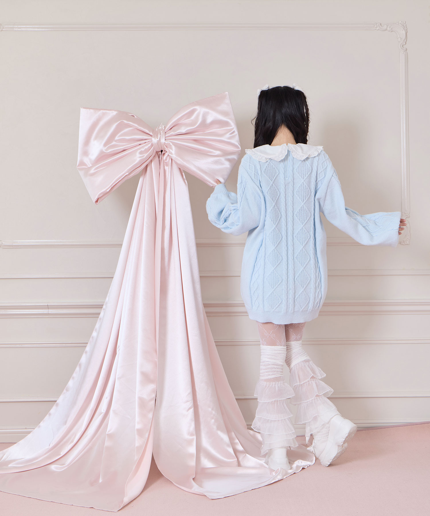 配色ヨークコットンレースニットワンピース