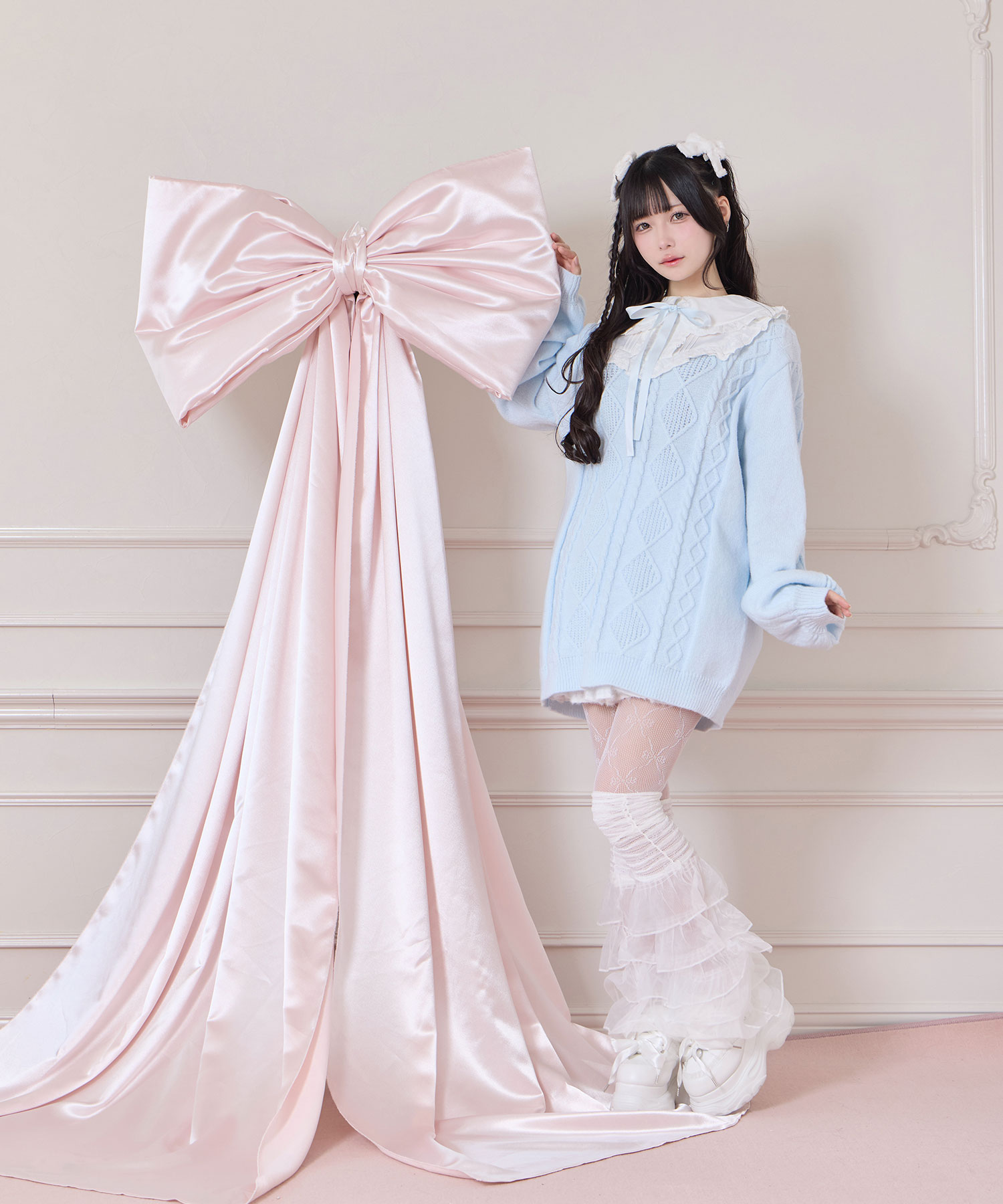 配色ヨークコットンレースニットワンピース