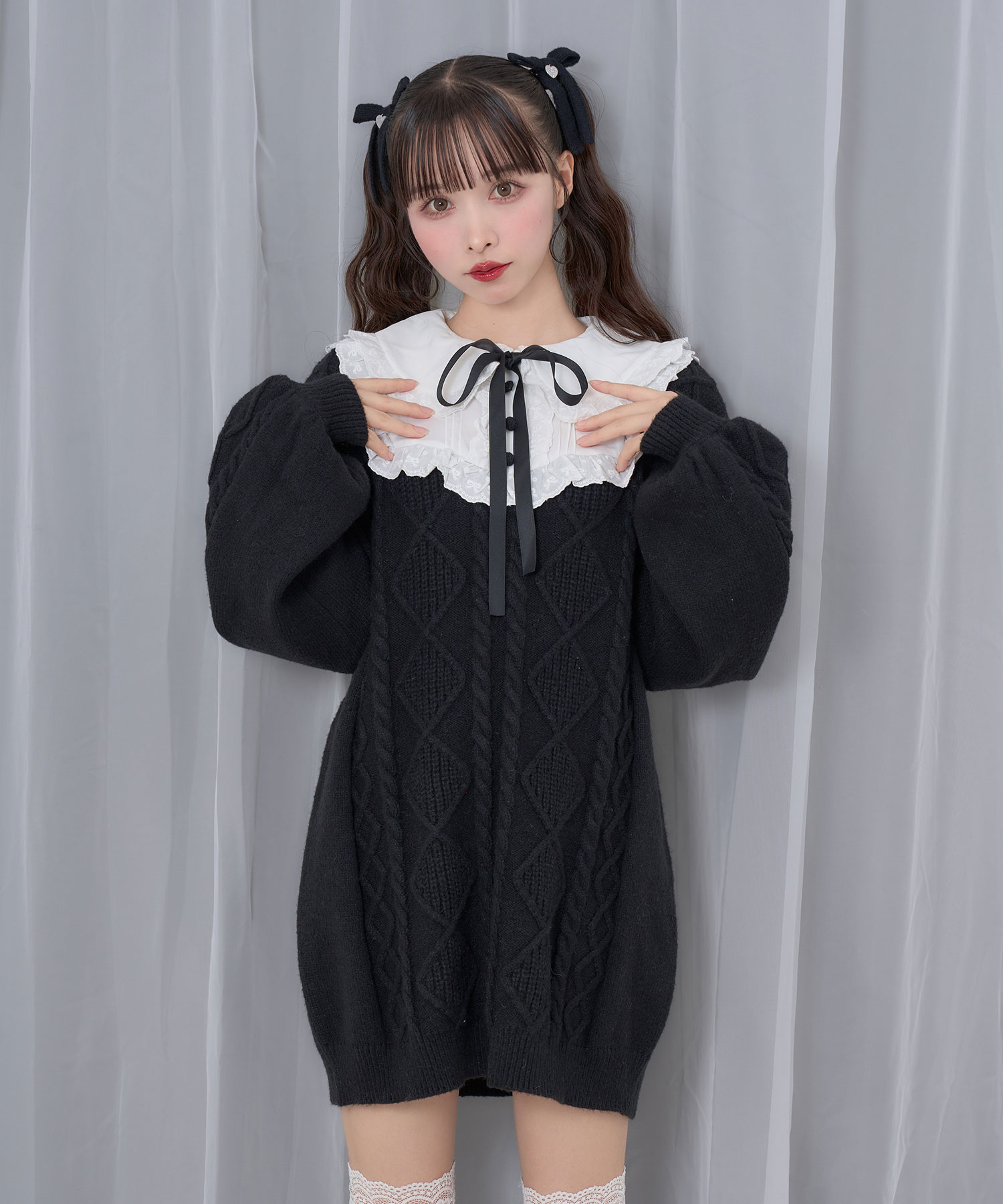 配色ヨークコットンレースニットワンピース