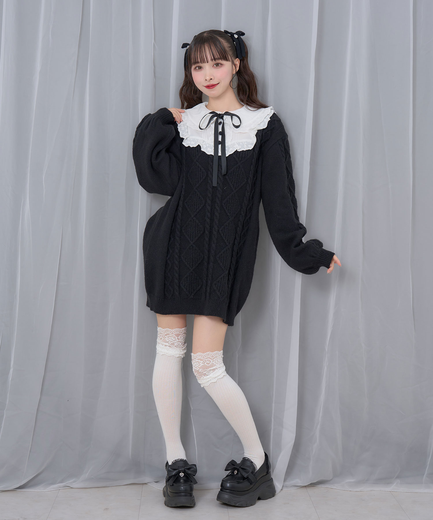 配色ヨークコットンレースニットワンピース