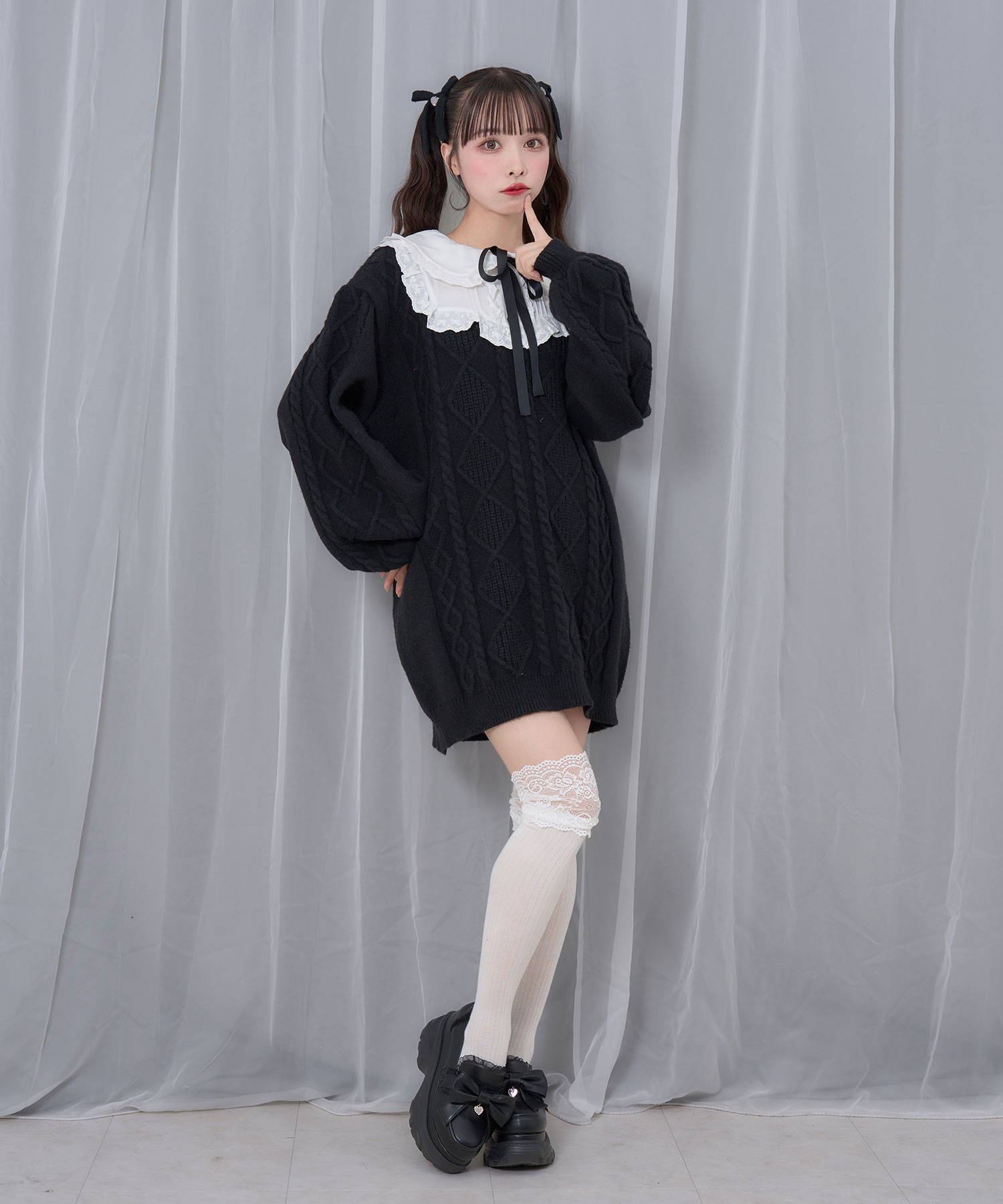 配色ヨークコットンレースニットワンピース