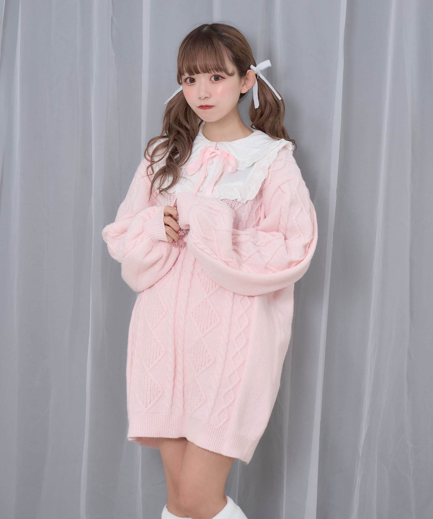 配色ヨークコットンレースニットワンピース