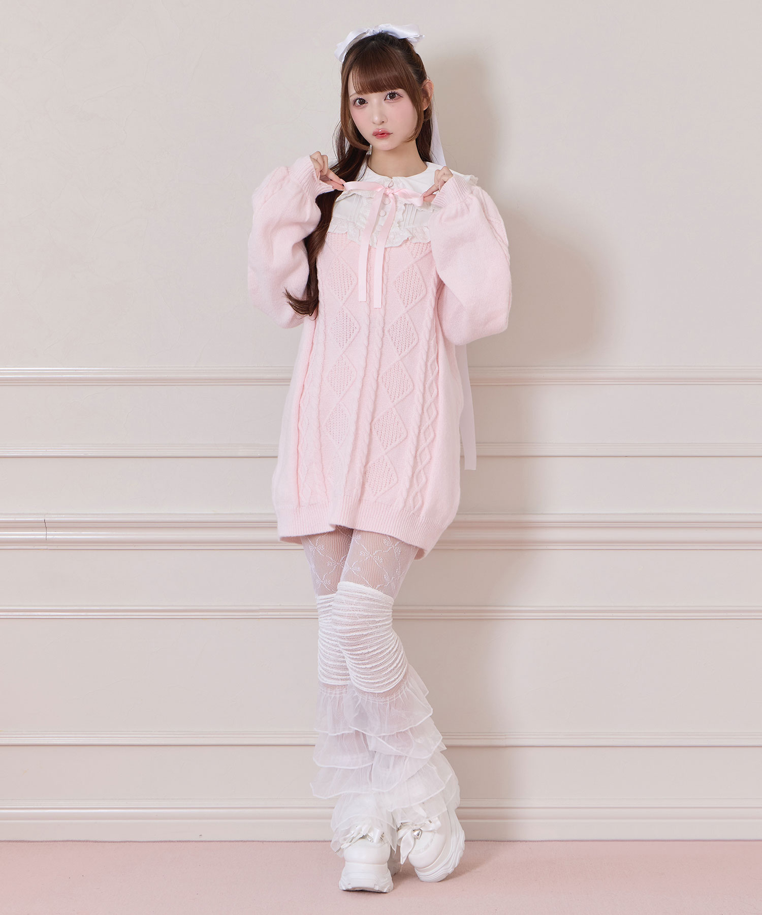 配色ヨークコットンレースニットワンピース