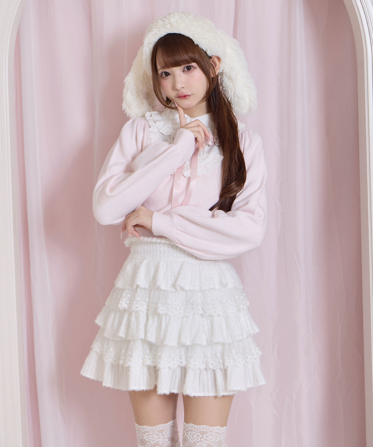 ヨーク切替コットンレースニットトップス