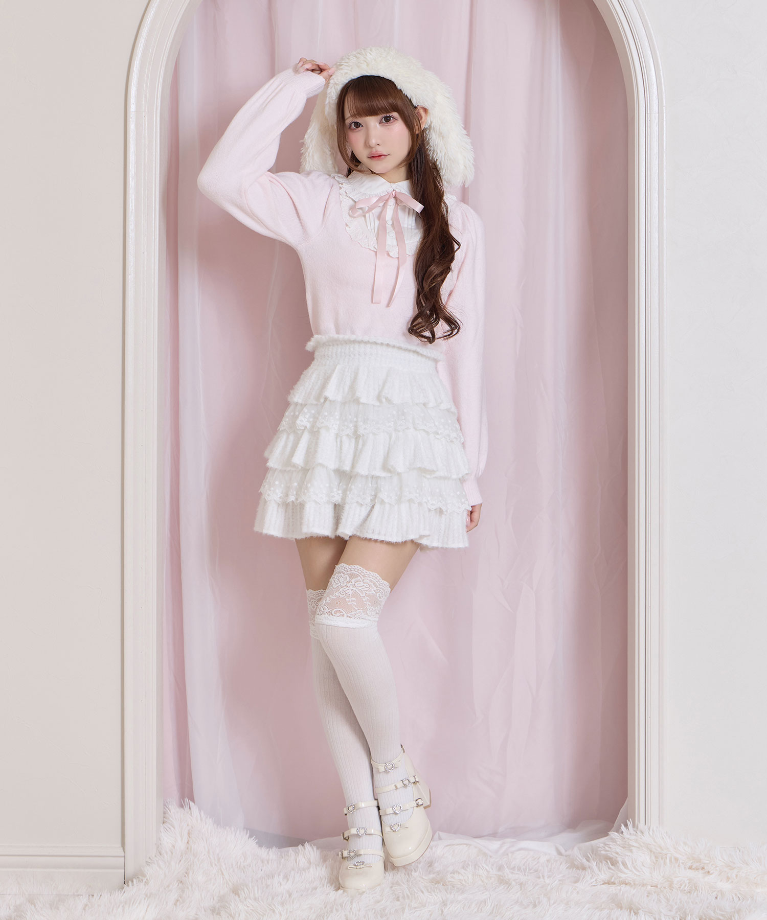 ヨーク切替コットンレースニットトップス