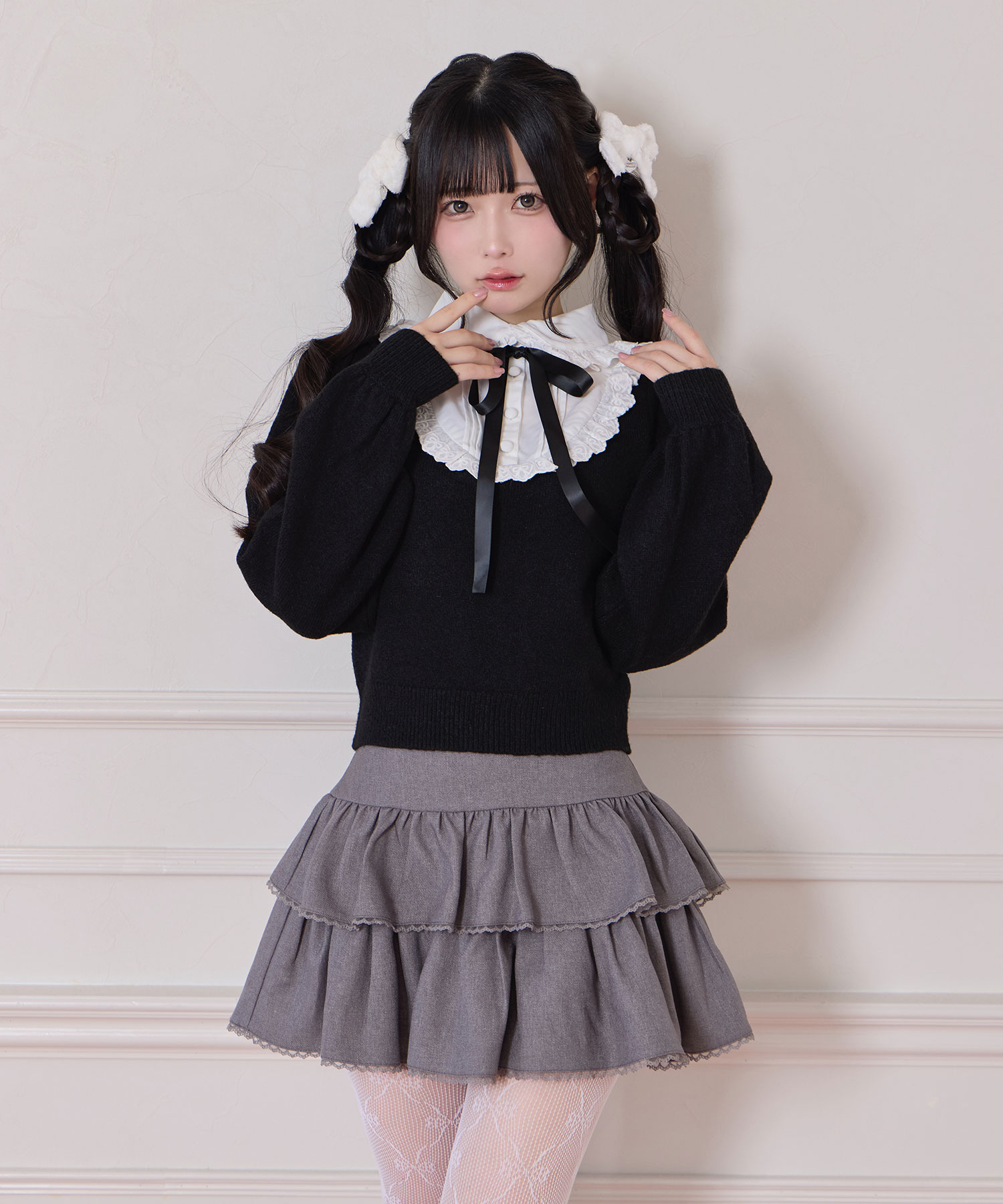 ヨーク切替コットンレースニットトップス