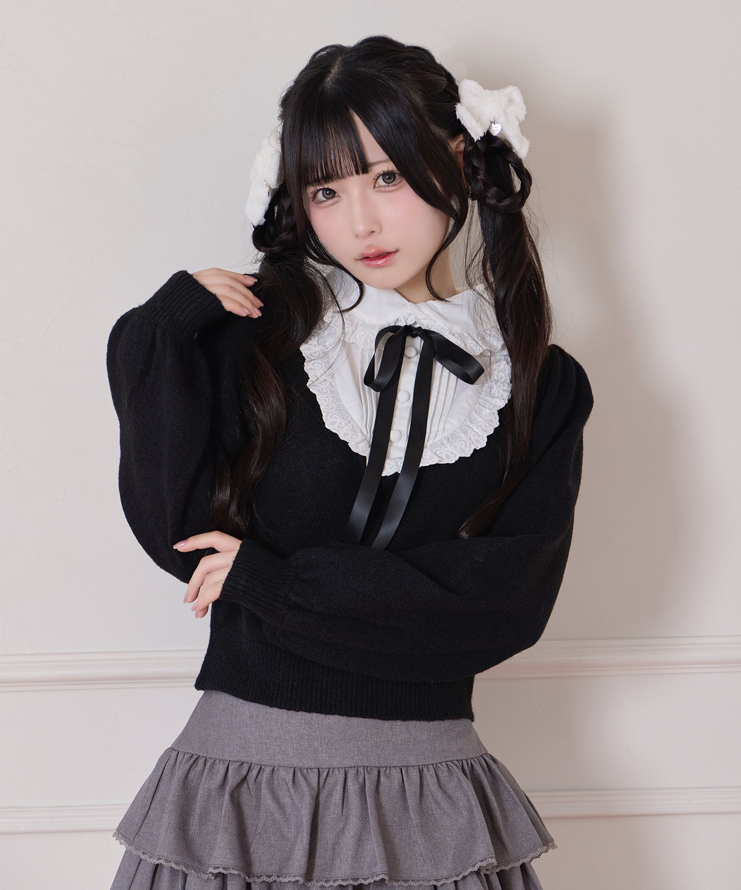 ヨーク切替コットンレースニットトップス