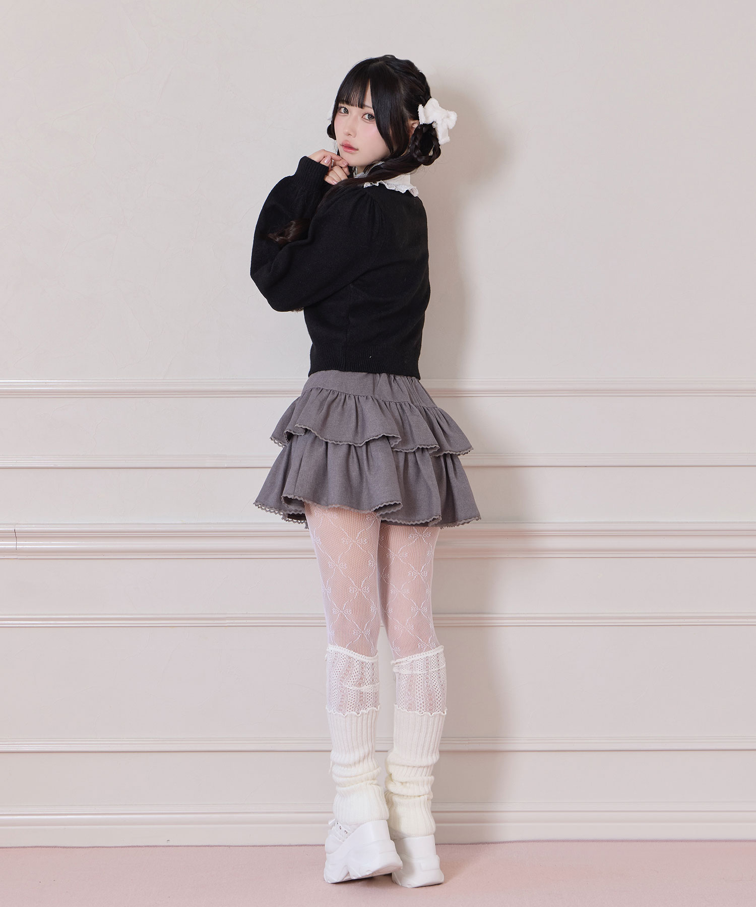 ヨーク切替コットンレースニットトップス